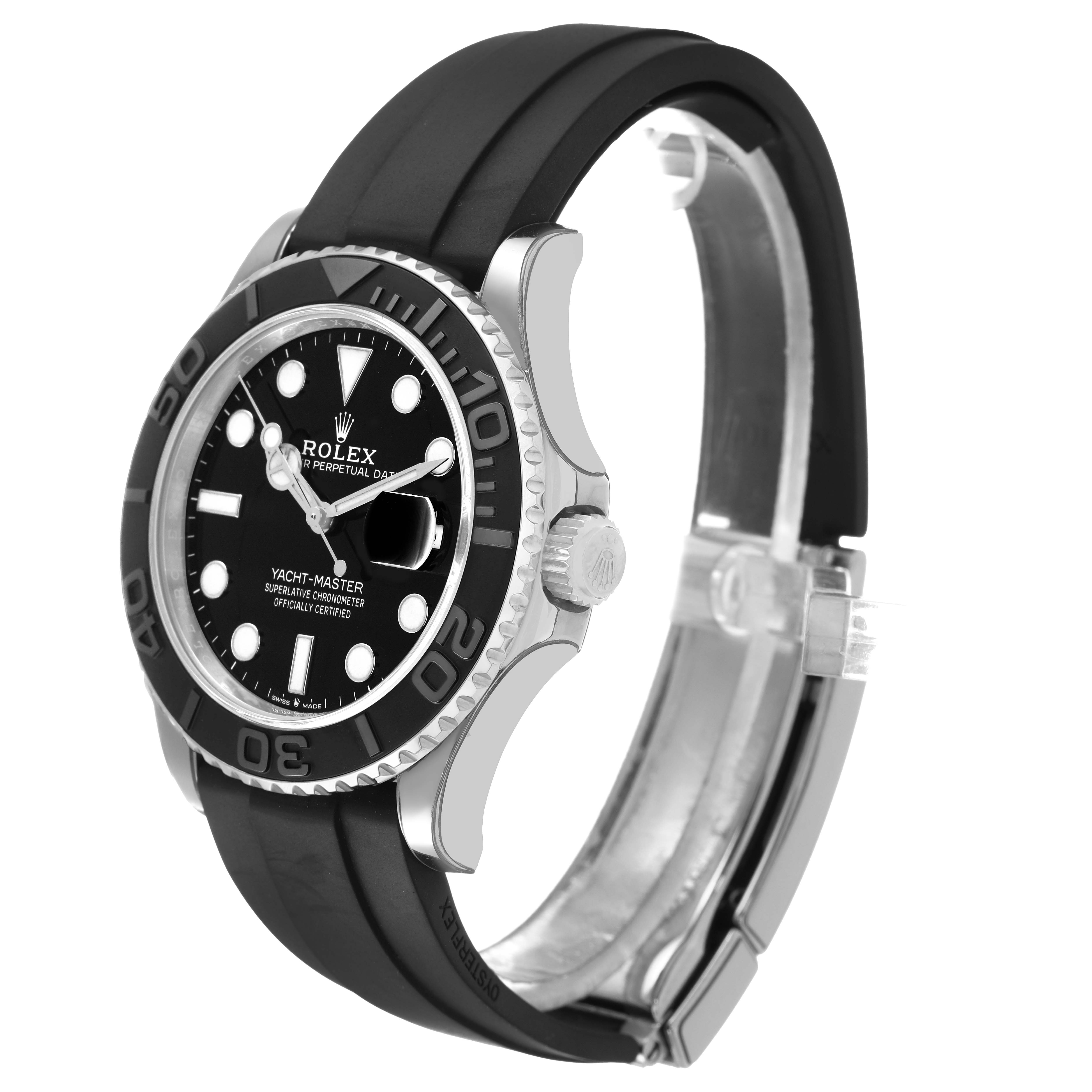 The Rolex Yacht-Master 226659 Men's White Gold Black Dial watch is shown at a three-quarter angle, highlighting the face, bezel, crown, and rubber strap.