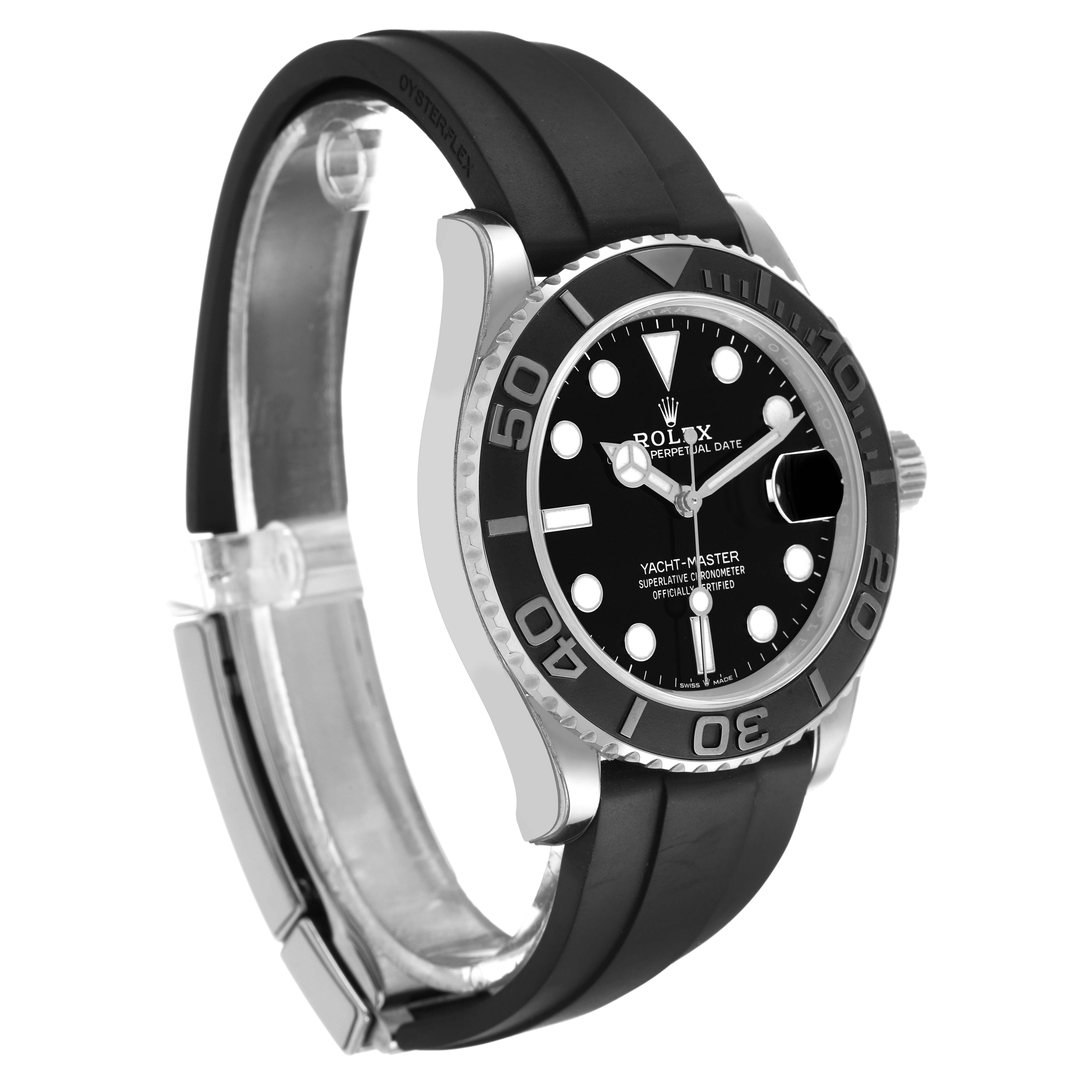 This image shows a Rolex Yacht-Master 226659 Men's White Gold Black Dial watch at a three-quarter angle, highlighting the bezel, dial, and rubber strap.