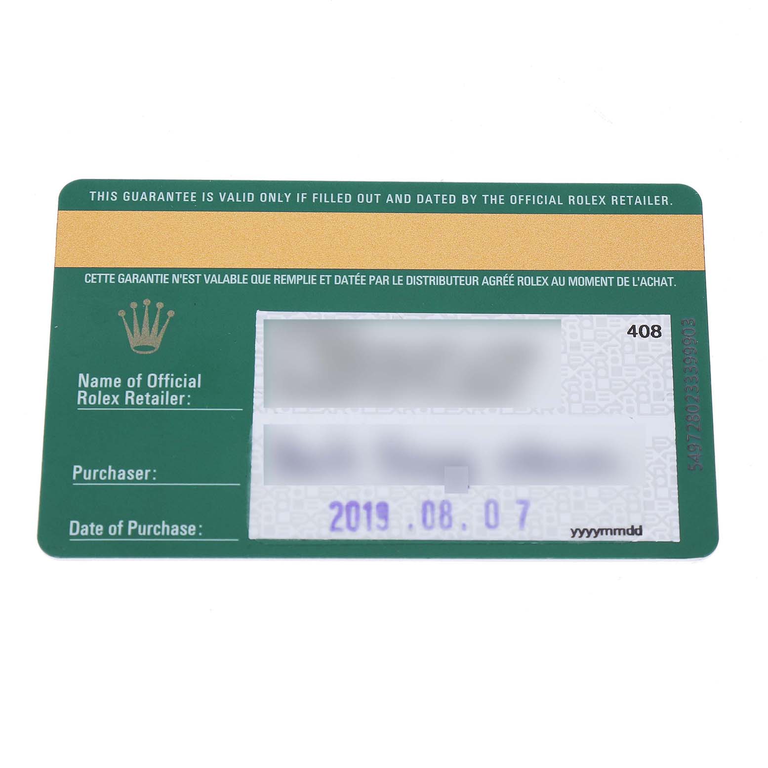 The image shows a guarantee card for a Rolex Yacht-Master 226659 Men's White Gold Black Dial watch, displaying purchase details and retailer information.