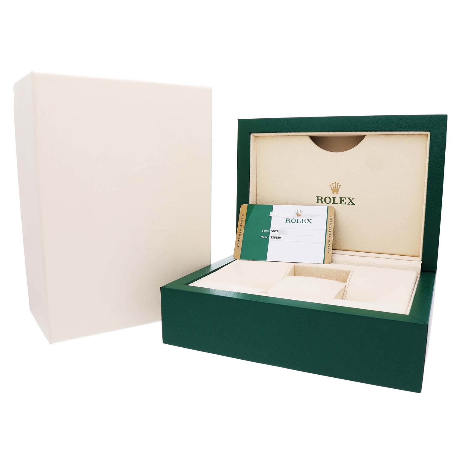 The image shows a Rolex Yacht-Master 226659 Men's White Gold Black Dial box, open to reveal an interior with a card, viewed from an angle.