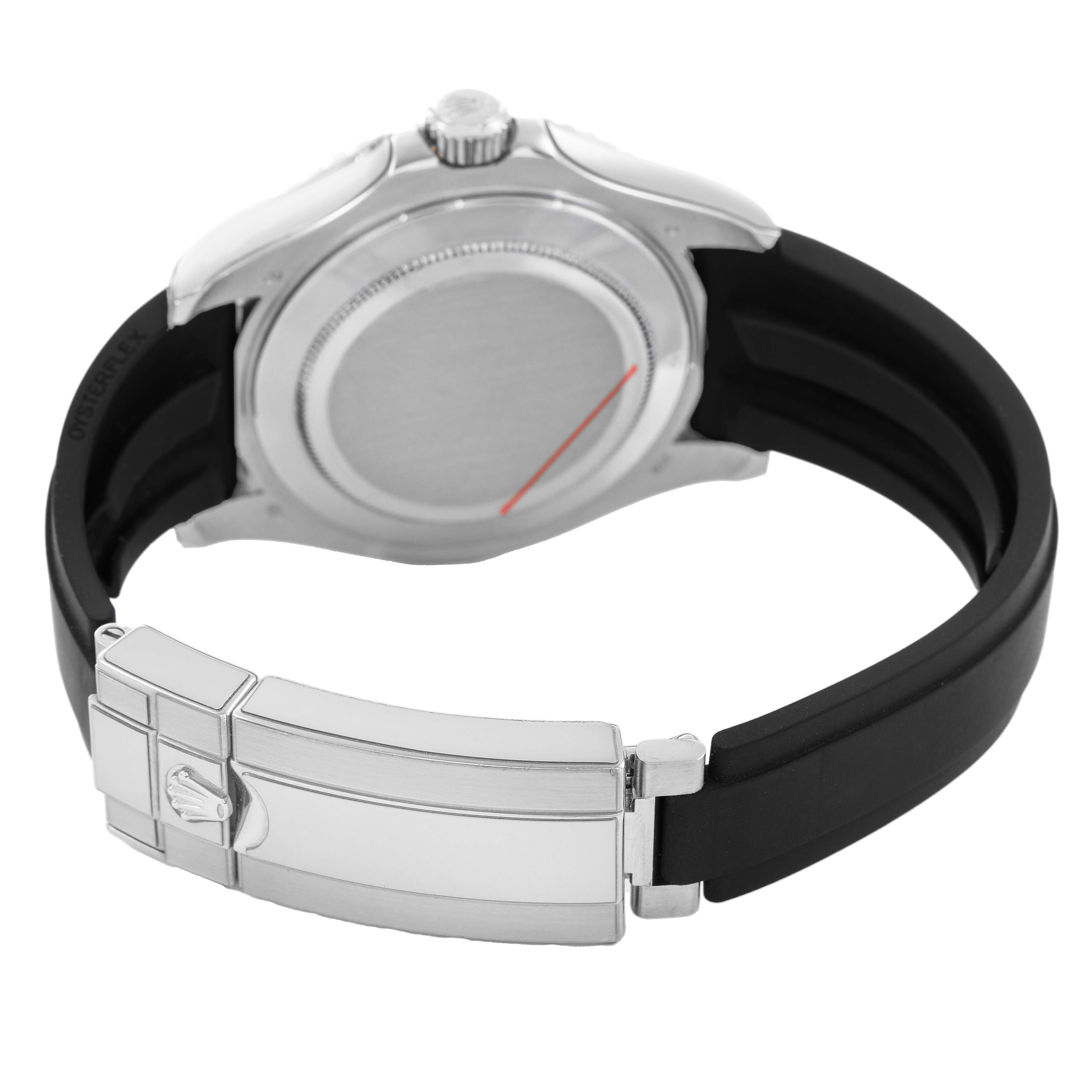 The image shows the back and side of a Rolex Yacht-Master 226659 Men's White Gold Black Dial watch, highlighting the clasp and rubber strap.