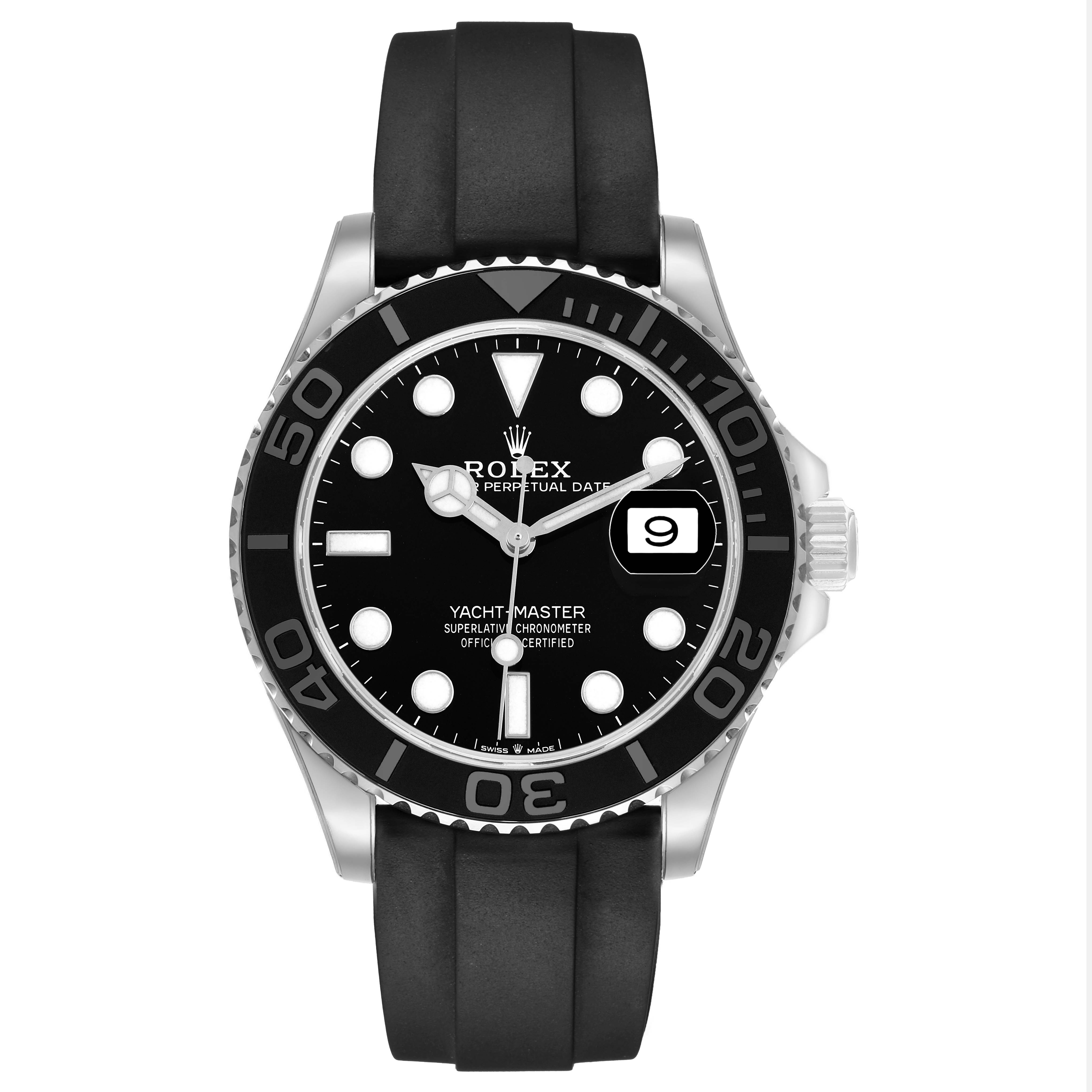 The Rolex Yacht-Master 226659 Men's White Gold Black Dial watch is shown from the front, displaying its black dial, bezel, and rubber strap.