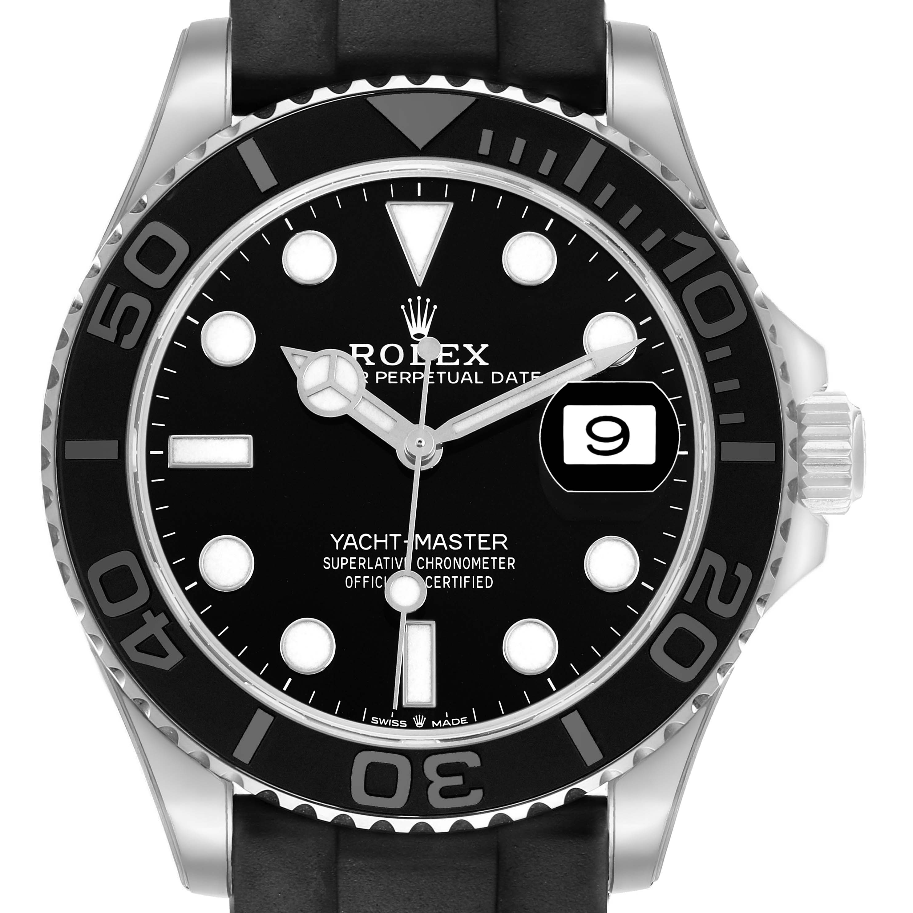 The Rolex Yacht-Master 226659 Men's White Gold Black Dial watch is shown from a frontal angle, highlighting the bezel, dial, markers, and date window.