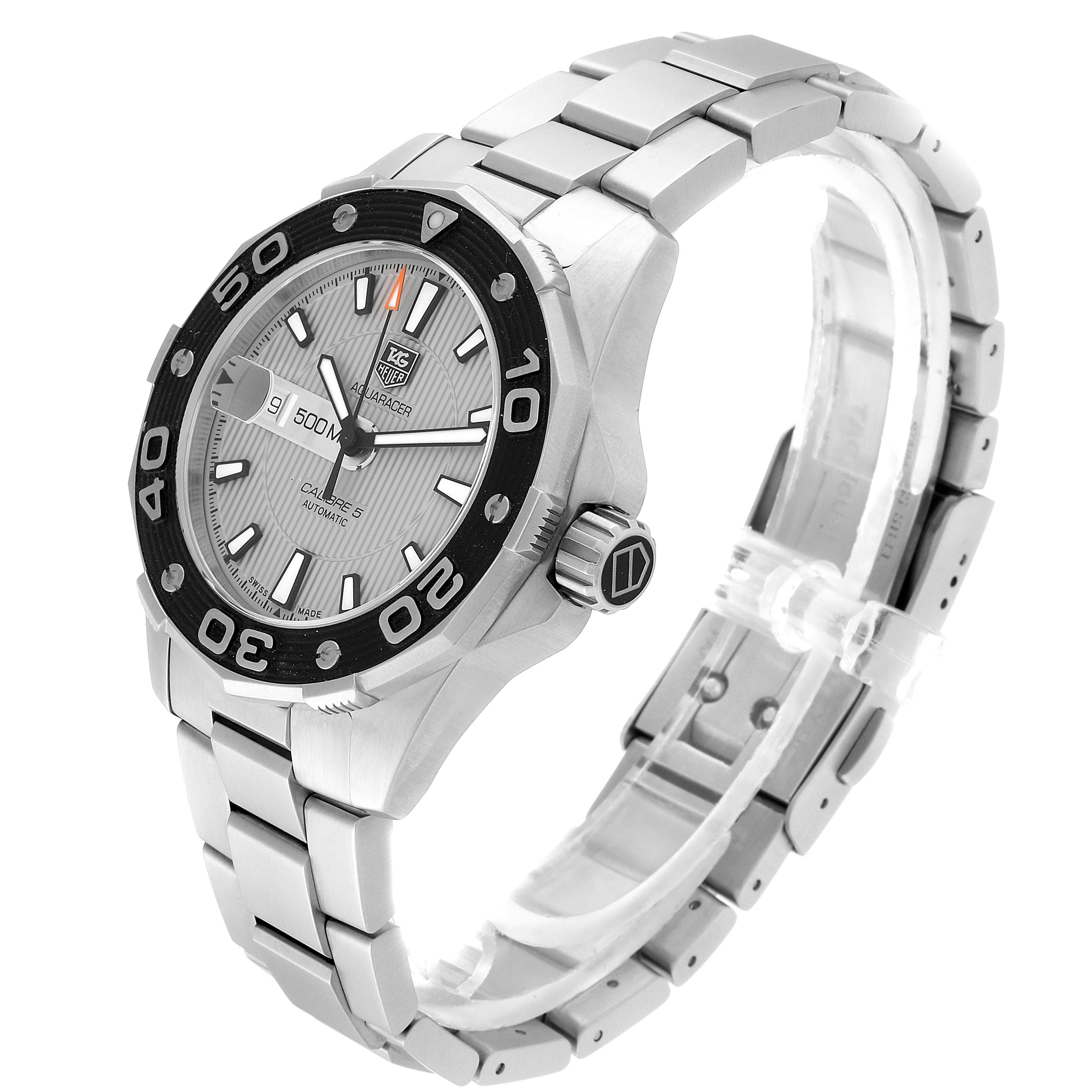 The Tag Heuer Aquaracer WAJ2111.BA0870 Men's Stainless Steel Grey Dial WAJ2111.BA0870 Men's Stainless Steel Grey Dial watch is shown at a 45-degree angle, highlighting its face, crown, and bracelet.