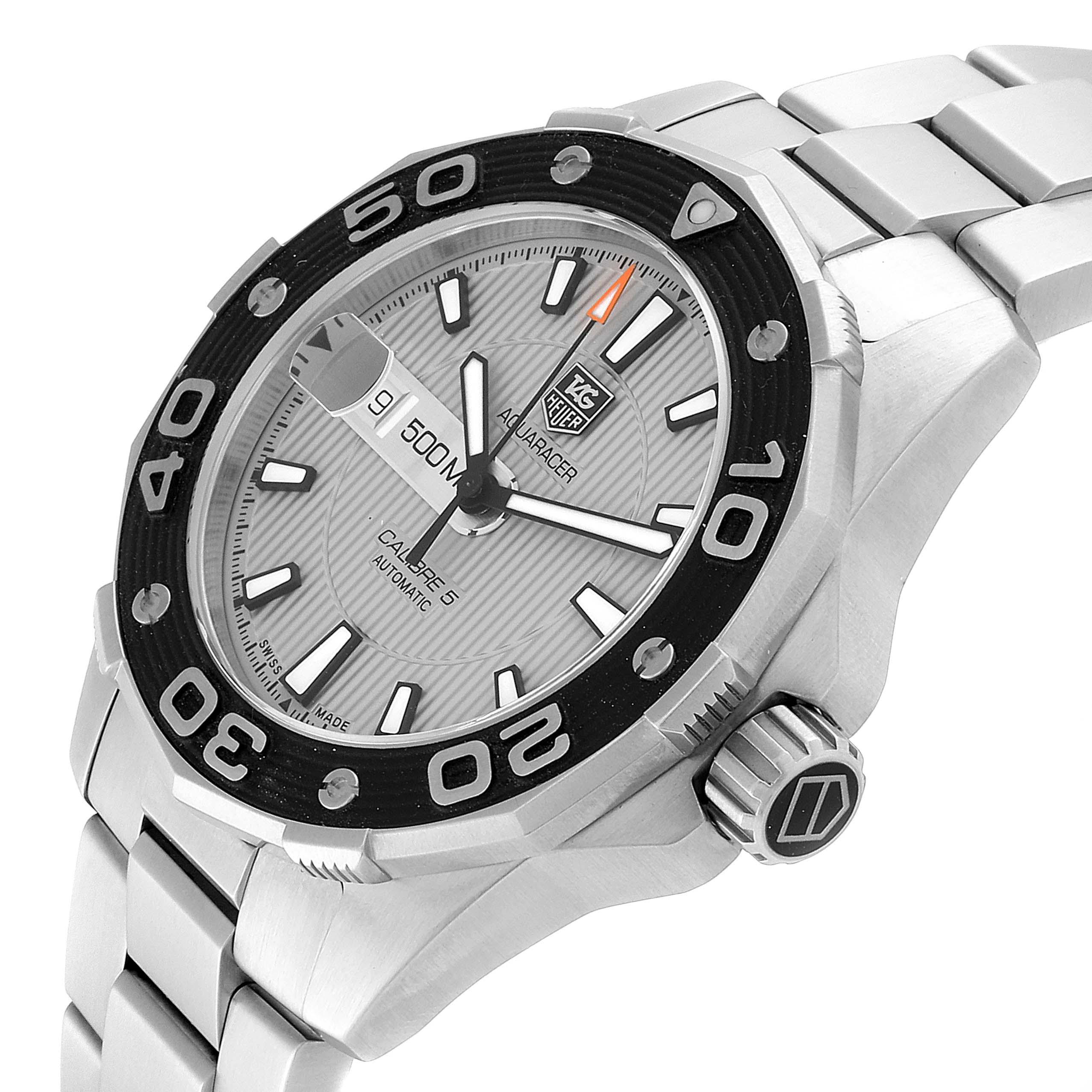The image shows a Tag Heuer Aquaracer WAJ2111.BA0870 Men's Stainless Steel Grey Dial WAJ2111.BA0870 Men's Stainless Steel Grey Dial watch at a front-side angle, highlighting its bezel, crown, and part of the metal bracelet.