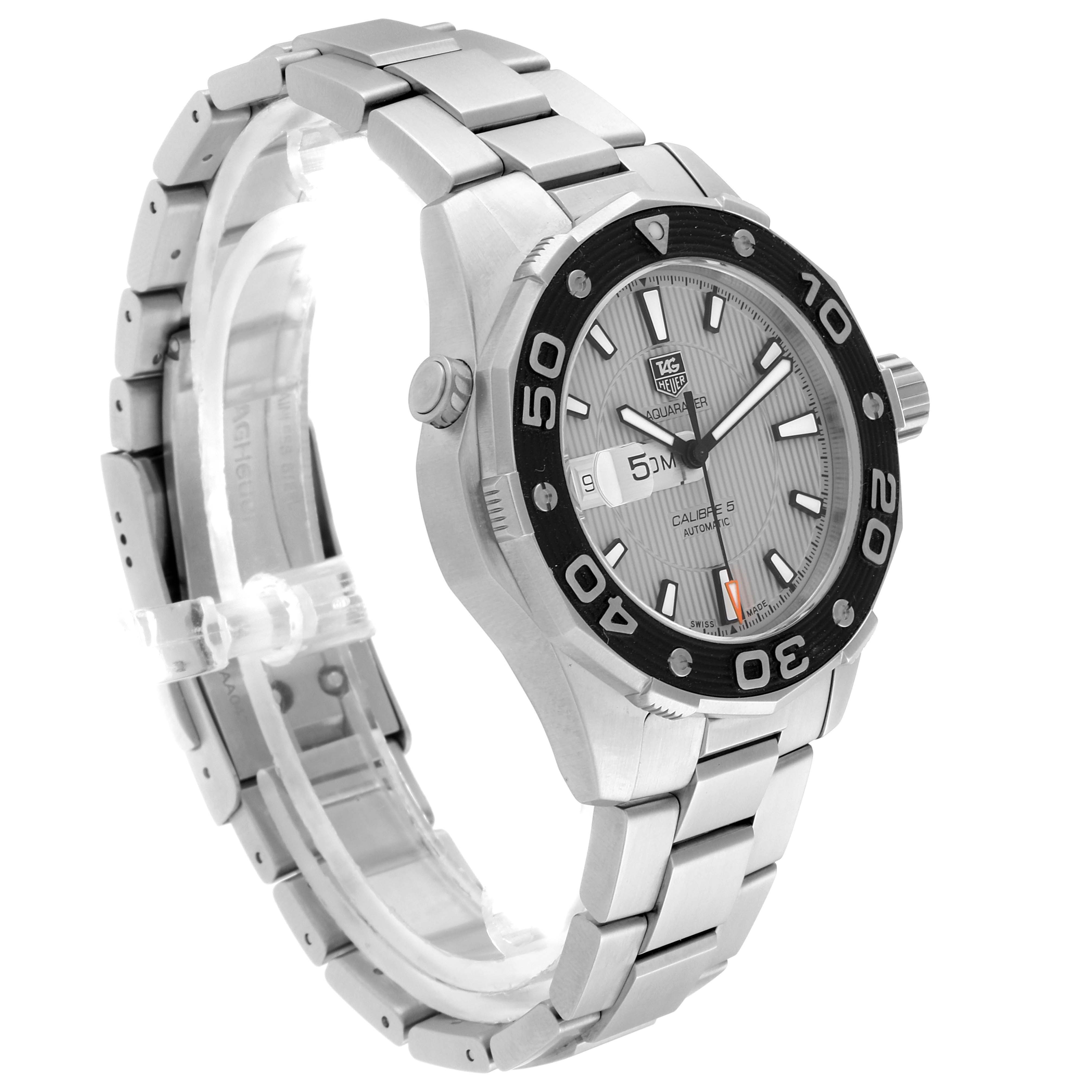 The image shows a side angle of the Tag Heuer Aquaracer WAJ2111.BA0870 Men's Stainless Steel Grey Dial WAJ2111.BA0870 Men's Stainless Steel Grey Dial watch, highlighting the bezel, dial, and metal bracelet.