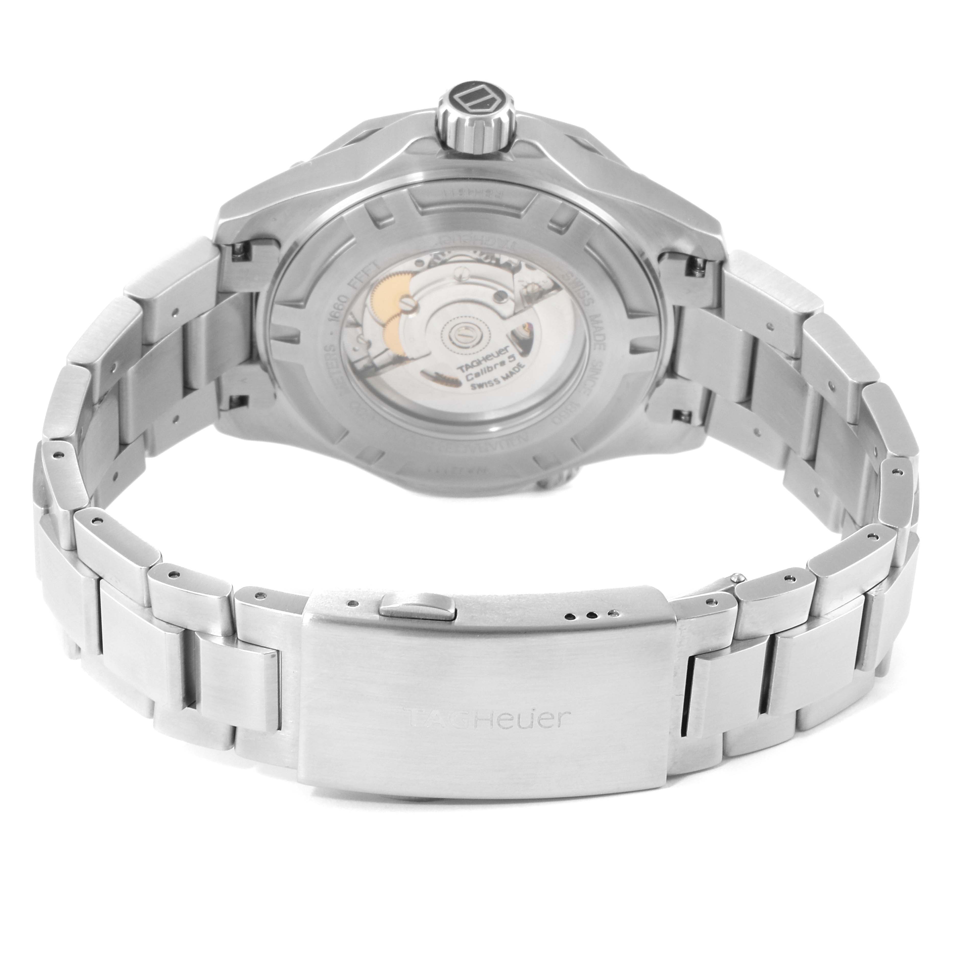 The image shows the back view of a Tag Heuer Aquaracer WAJ2111.BA0870 Men's Stainless Steel Grey Dial WAJ2111.BA0870 Men's Stainless Steel Grey Dial watch, highlighting the stainless steel bracelet and the case back.