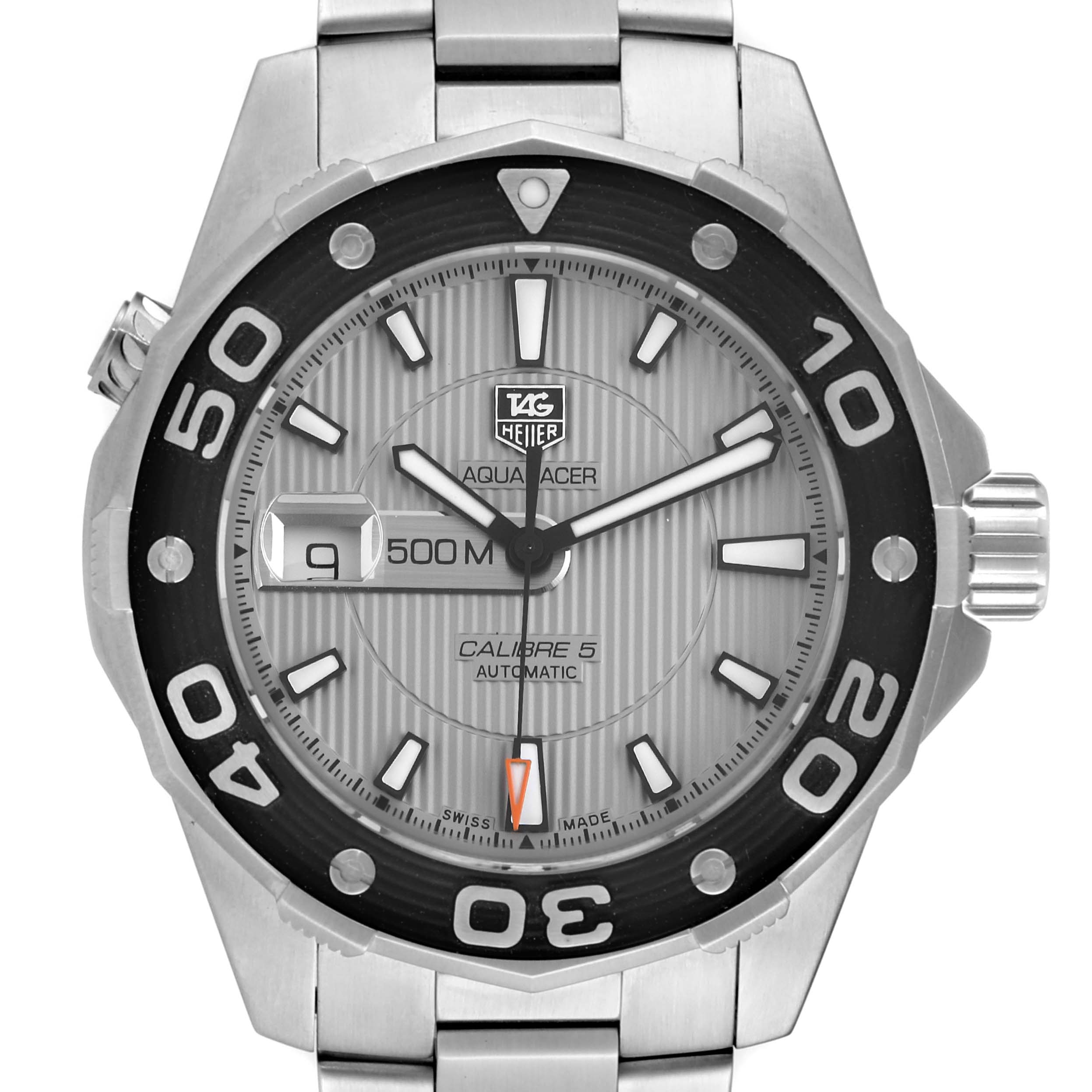 The image shows a frontal view of the Tag Heuer Aquaracer WAJ2111.BA0870 Men's Stainless Steel Grey Dial WAJ2111.BA0870 Men's Stainless Steel Grey Dial watch, detailing its dial, bezel, and bracelet.