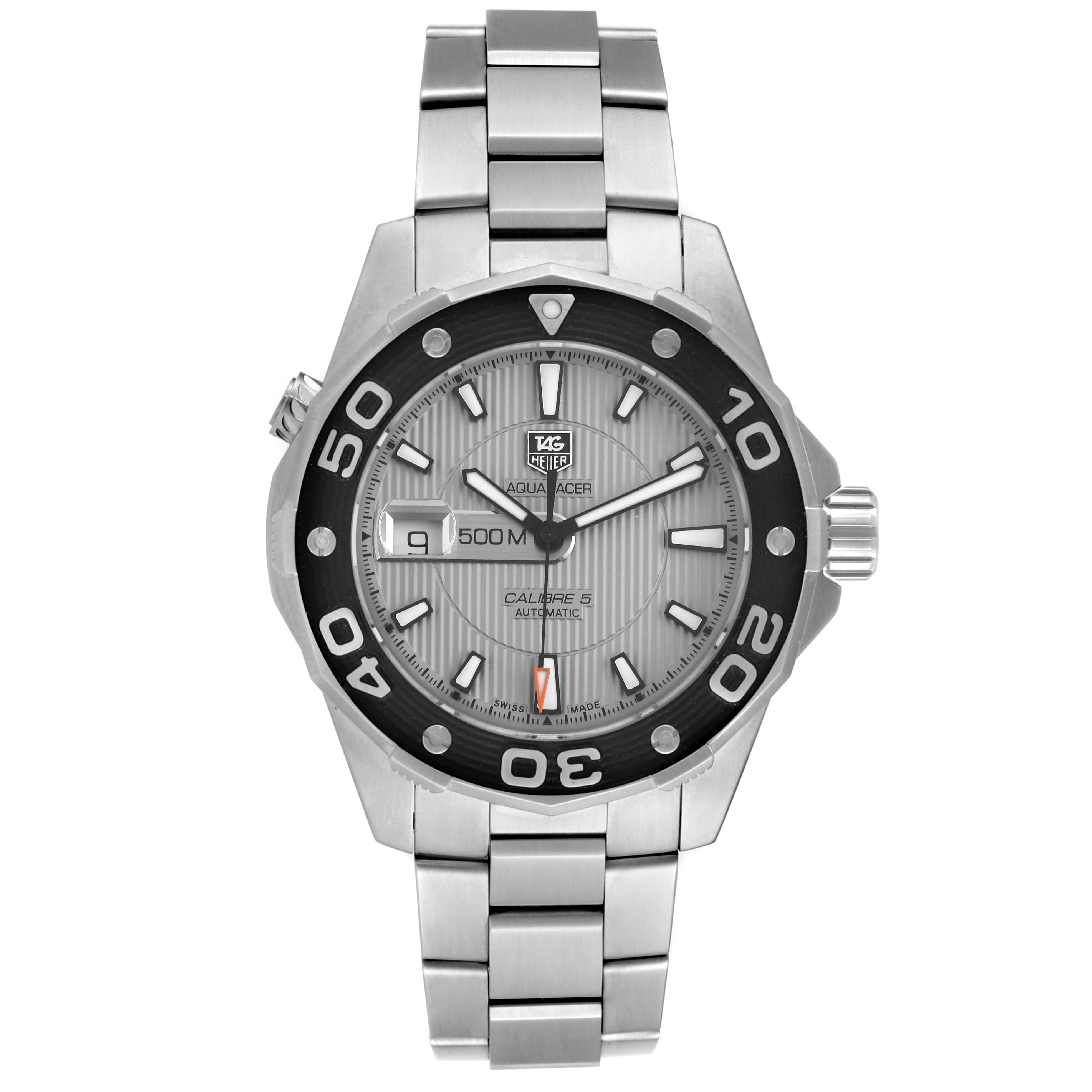 The image shows the front view of a Tag Heuer Aquaracer WAJ2111.BA0870 Men's Stainless Steel Grey Dial WAJ2111.BA0870 Men's Stainless Steel Grey Dial watch with a metal bracelet.