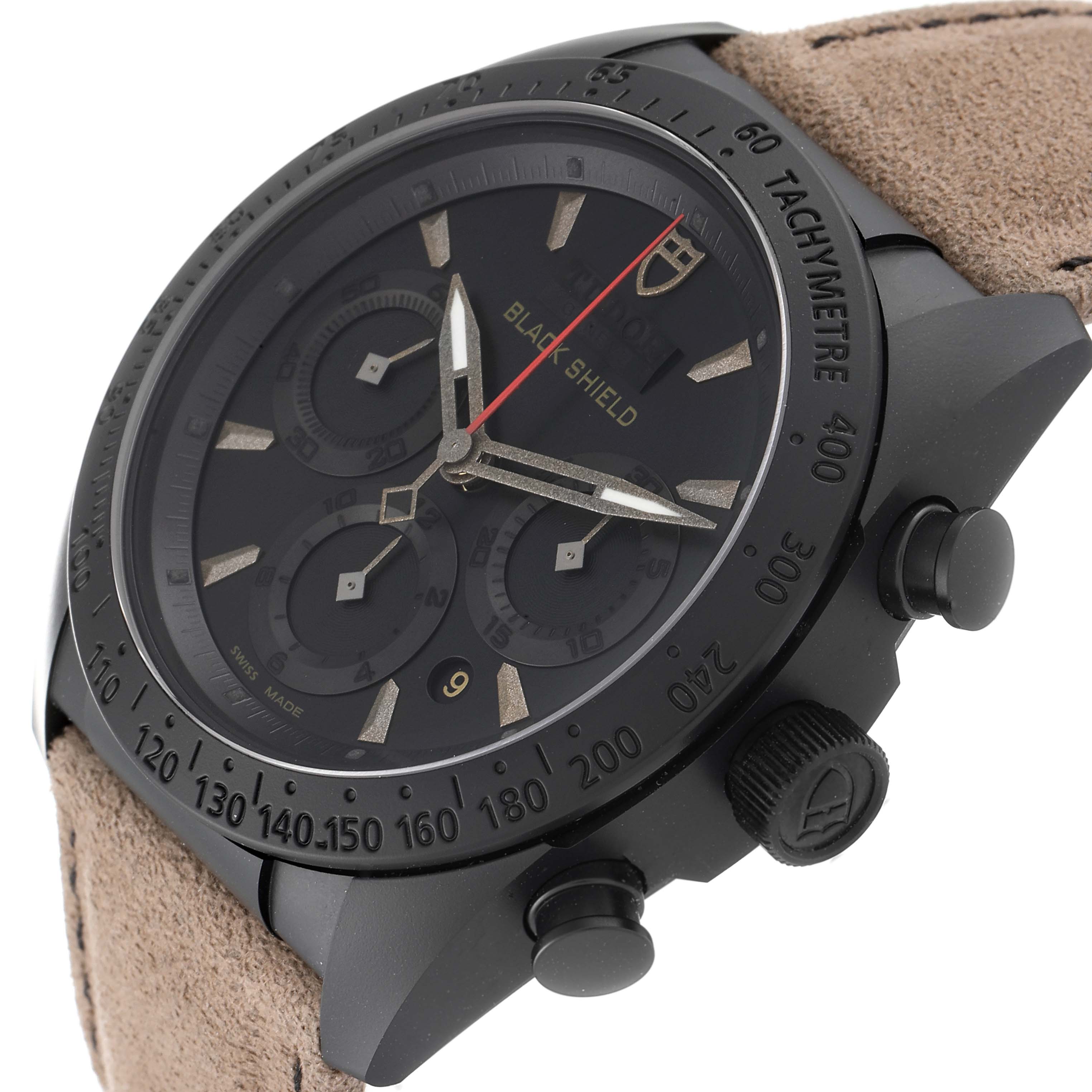The image shows a side-angle view of the Tudor Fastrider 42000CN Men's Ceramic Black Dial 42000CN Men's Ceramic Black Dial watch, highlighting its dial, bezel, crown, chronograph buttons, and strap.