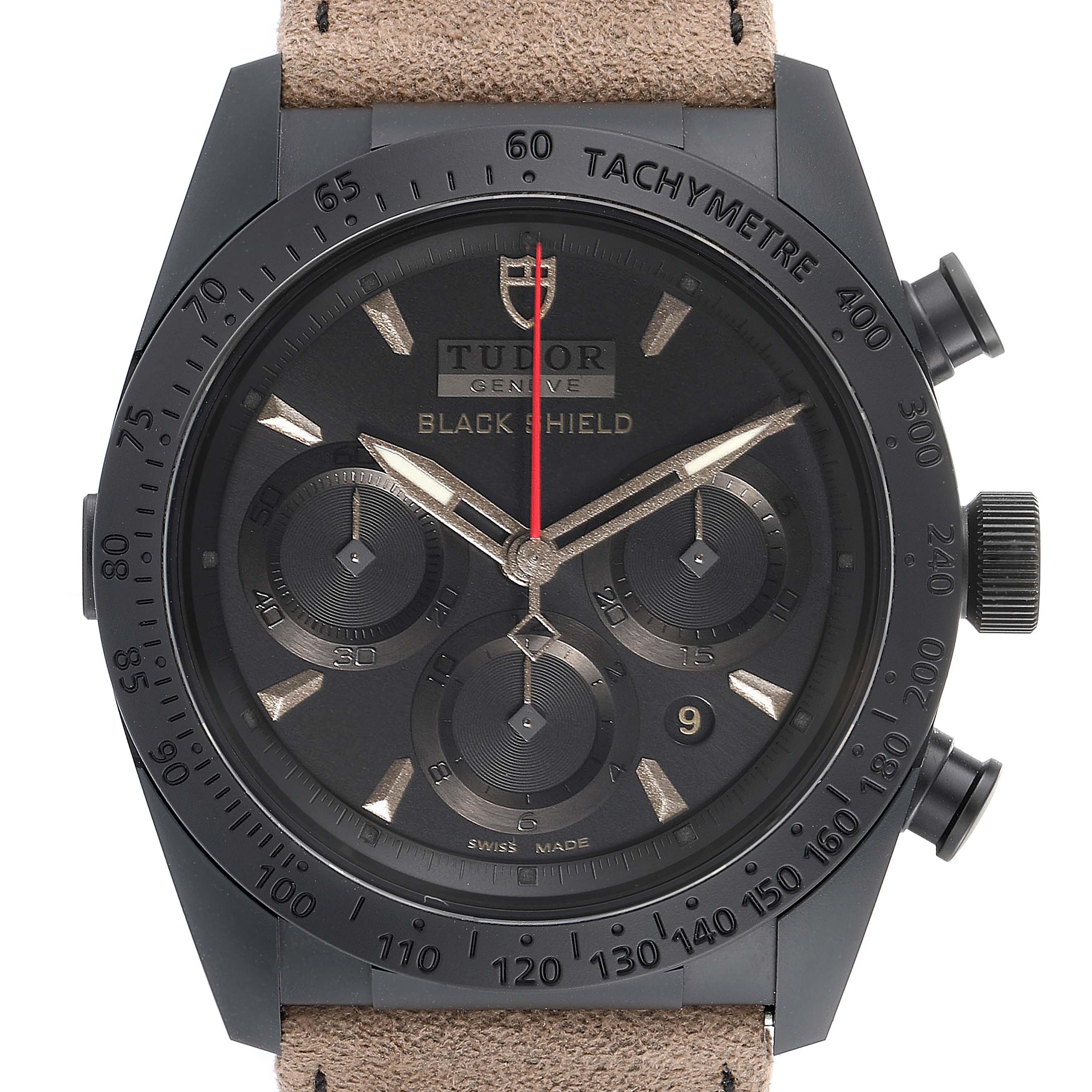 This image shows a front view of the Tudor Fastrider 42000CN Men's Ceramic Black Dial 42000CN Men's Ceramic Black Dial Black Shield watch, highlighting its dial, bezel, and leather strap.