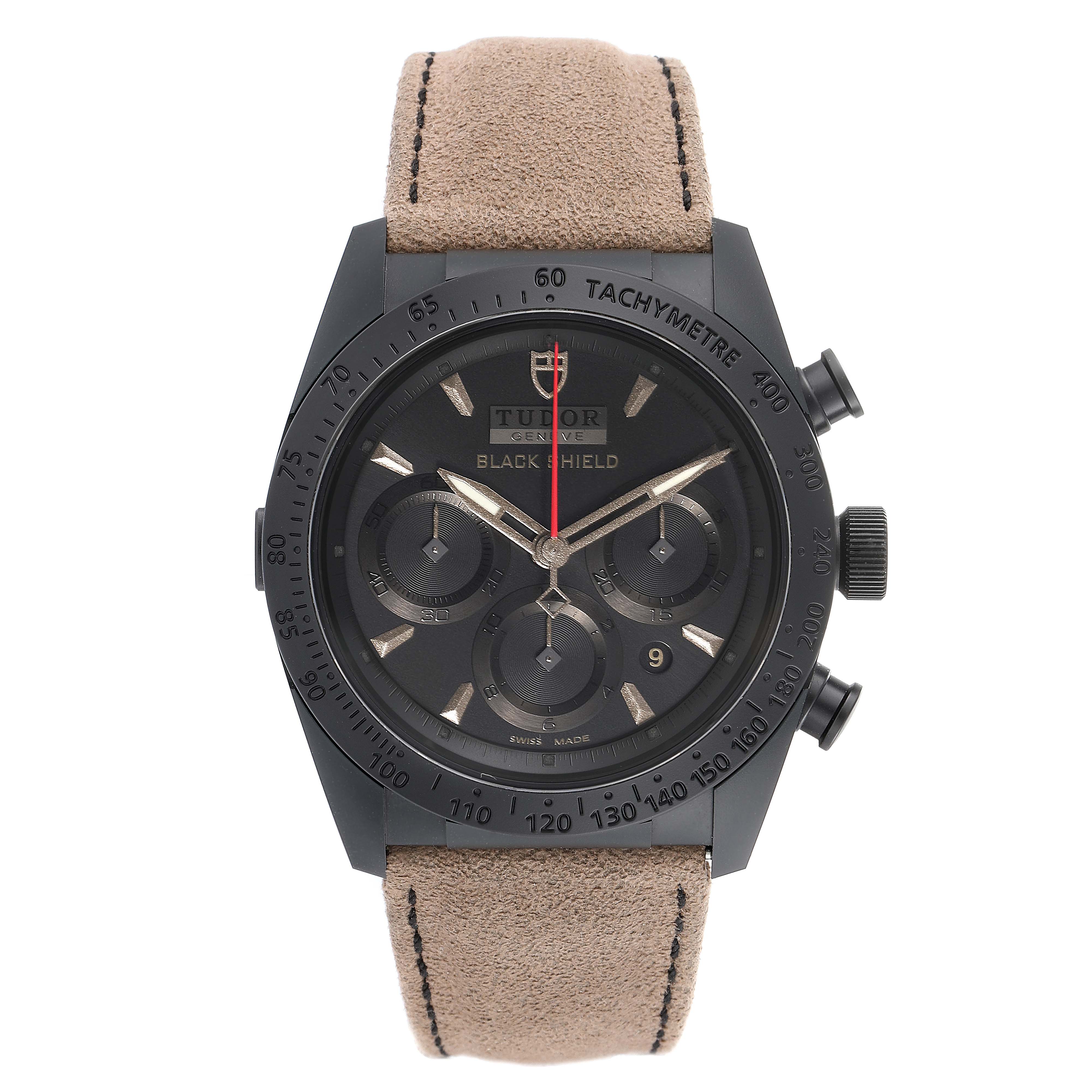 This image shows a front view of a Tudor Fastrider 42000CN Men's Ceramic Black Dial 42000CN Men's Ceramic Black Dial Black Shield watch with its suede strap, bezel, and chronograph dials visible.