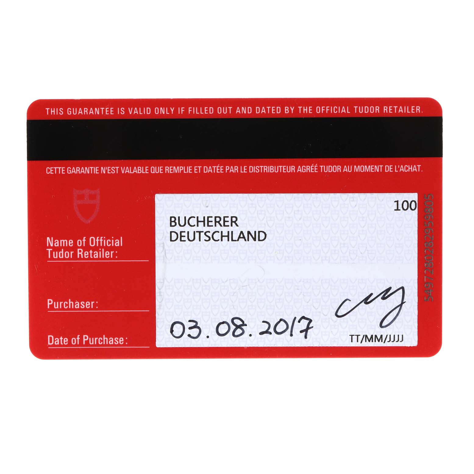 The image shows the guarantee card for a Tudor Fastrider 42000CN Men's Ceramic Black Dial 42000CN Men's Ceramic Black Dial watch, fully filled out and dated.