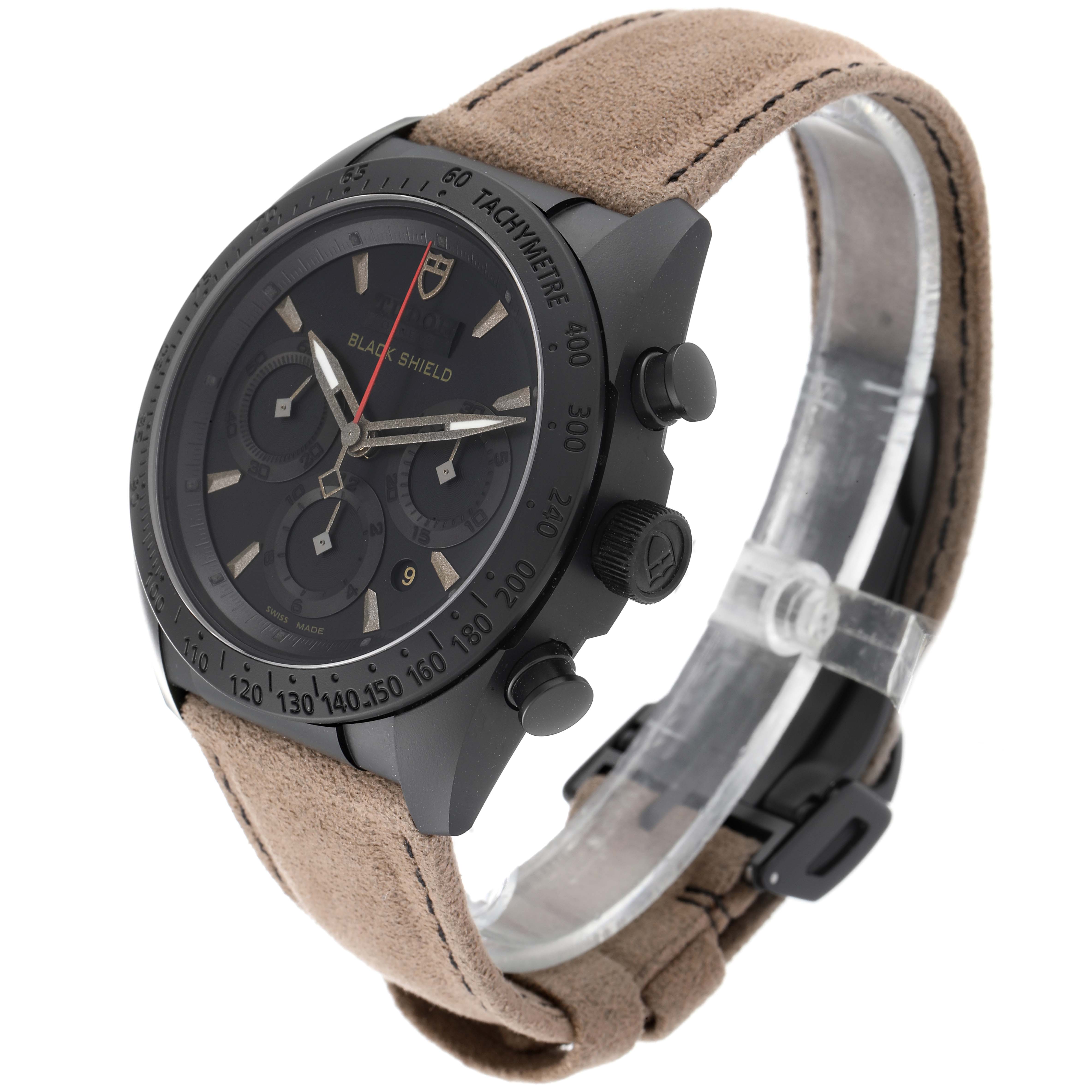 The image shows a Tudor Fastrider 42000CN Men's Ceramic Black Dial 42000CN Men's Ceramic Black Dial watch model from a front-side angle, highlighting the face, bezel, and suede strap.