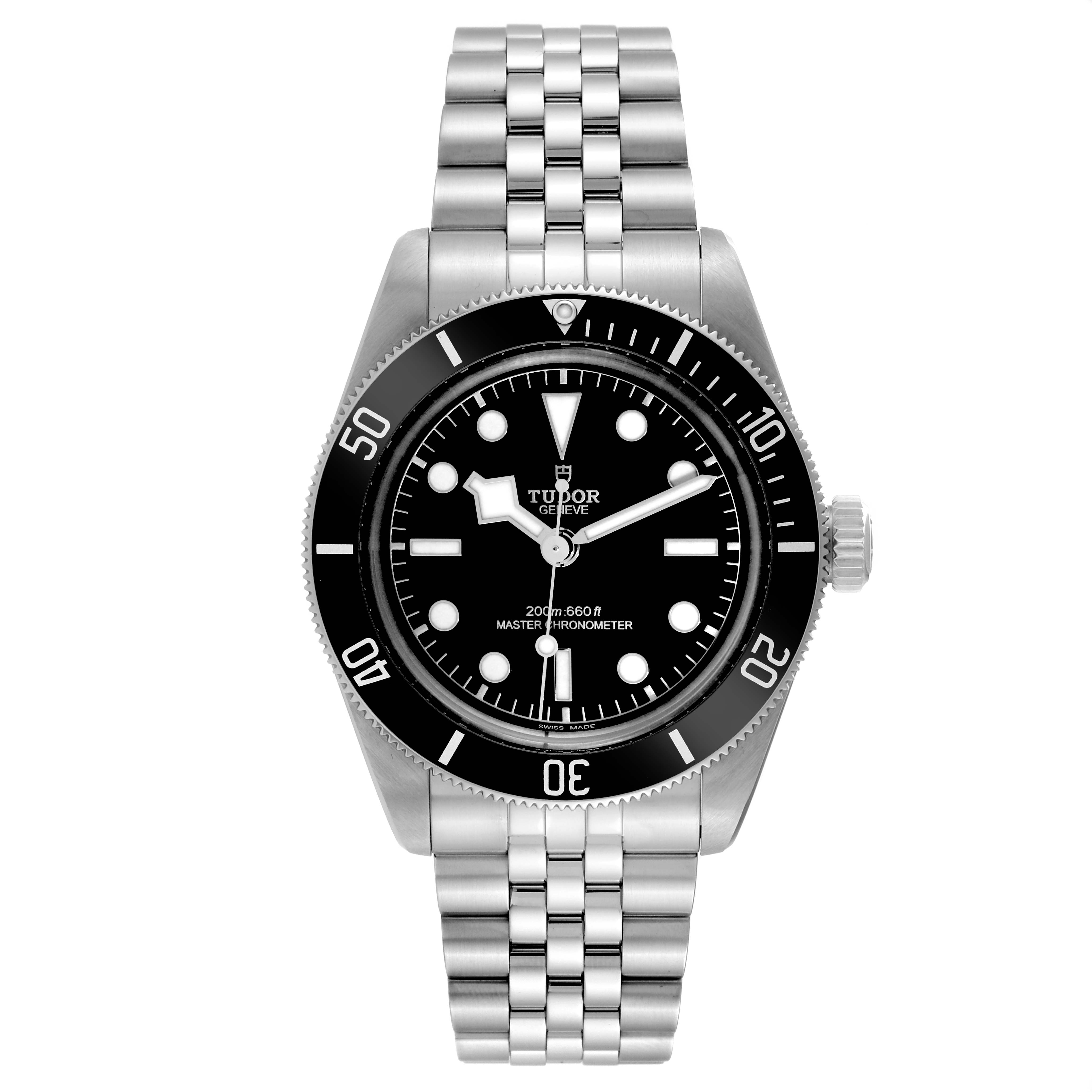 The image shows a front view of the Tudor Heritage Black Bay 7941A1A0NU Men's Stainless Steel Black Dial 7941A1A0NU Men's Stainless Steel Black Dial watch, featuring its black dial, bezel, and stainless steel bracelet.