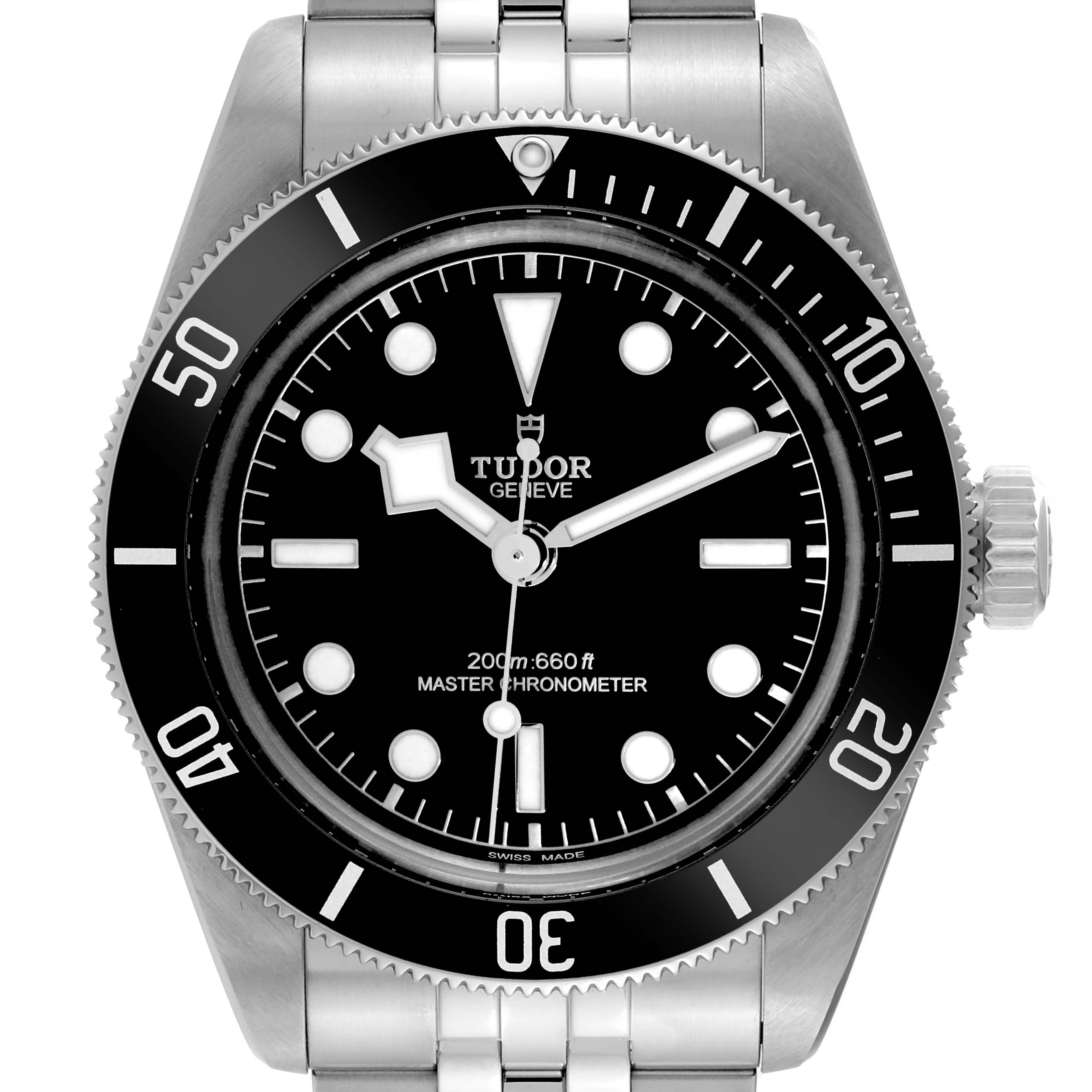 This image shows a frontal close-up view of the Tudor Heritage Black Bay 7941A1A0NU Men's Stainless Steel Black Dial 7941A1A0NU Men's Stainless Steel Black Dial watch face and stainless steel bracelet.