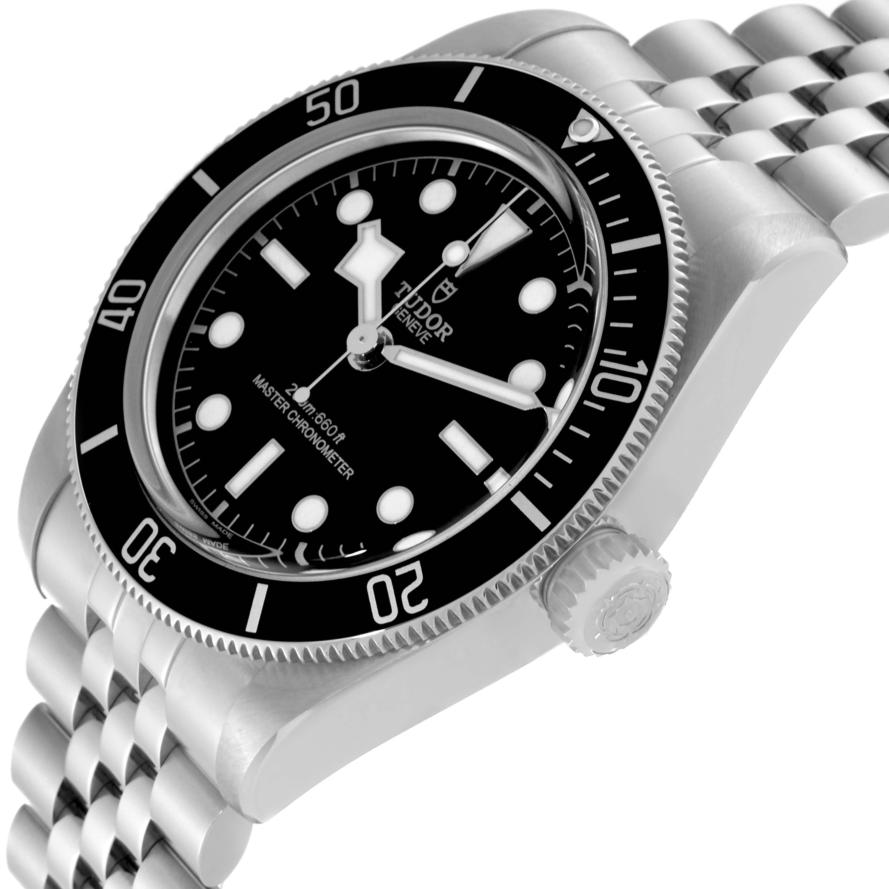The image shows a Tudor Heritage Black Bay 7941A1A0NU Men's Stainless Steel Black Dial 7941A1A0NU Men's Stainless Steel Black Dial watch angled to display the face, bezel, case, crown, and part of the bracelet.