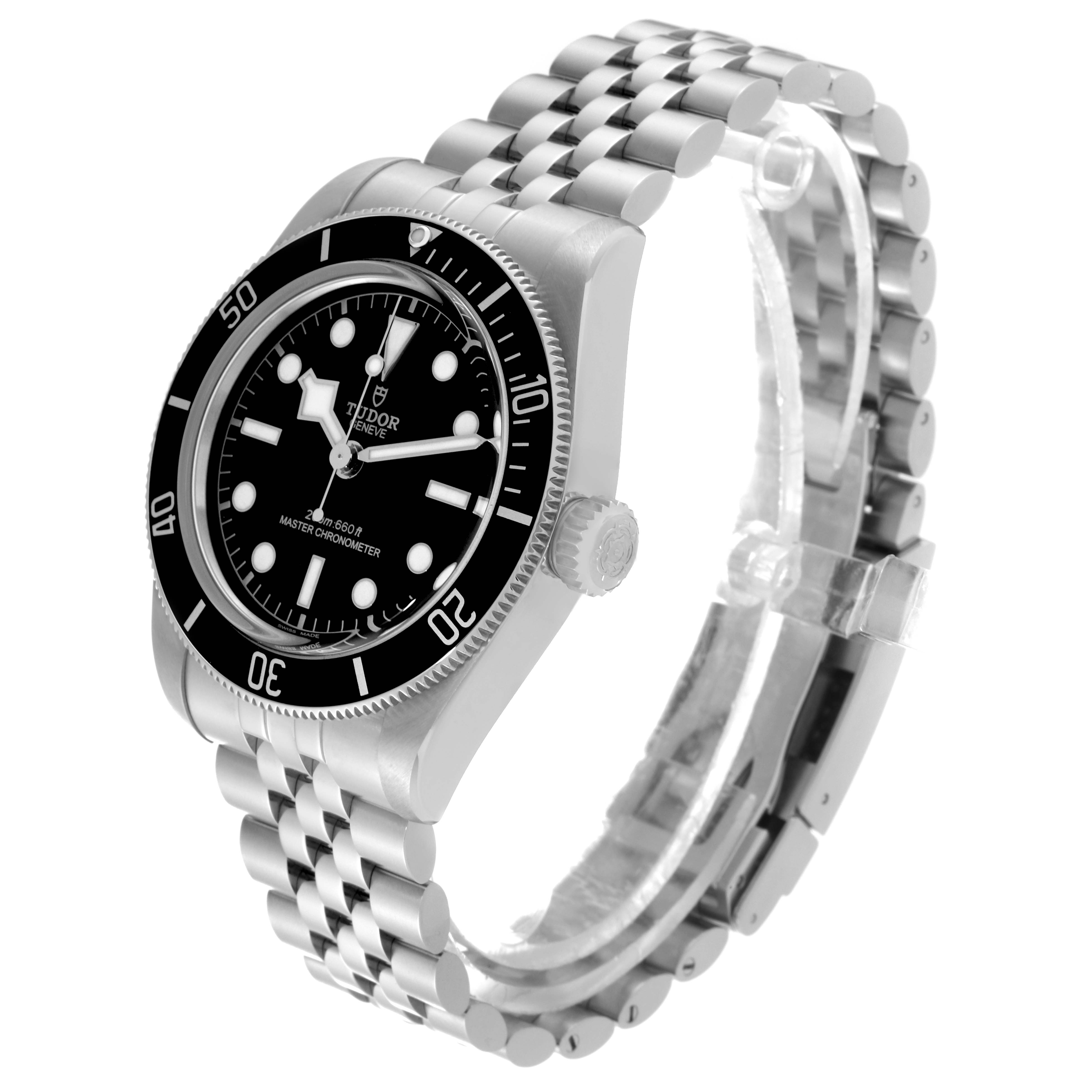 This image shows a side-angle view of the Tudor Heritage Black Bay 7941A1A0NU Men's Stainless Steel Black Dial 7941A1A0NU Men's Stainless Steel Black Dial watch, highlighting its dial, bezel, crown, and bracelet.