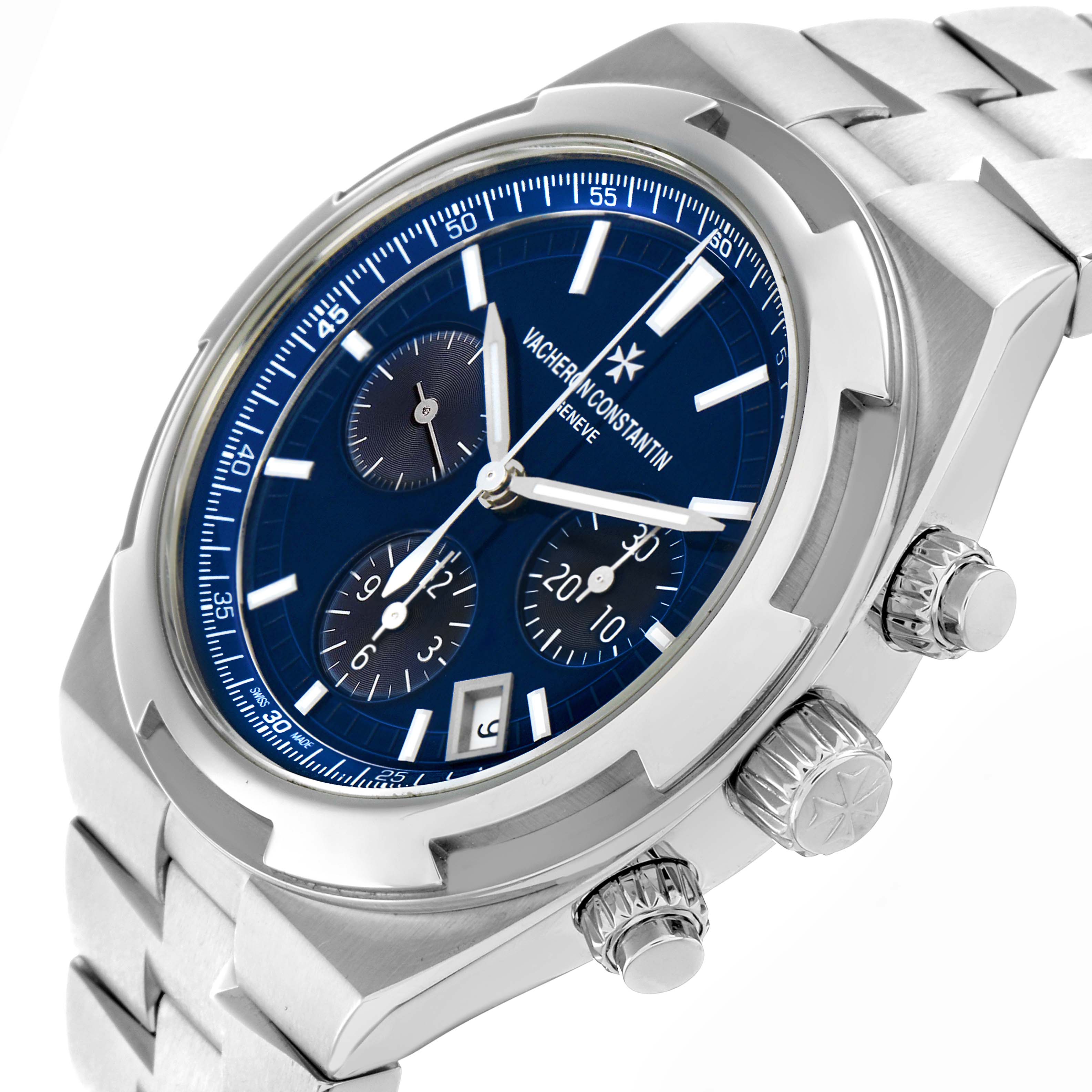 The Vacheron Constantin Overseas 5500V Men
s Stainless Steel Blue Dial watch is shown at a three-quarter angle, highlighting the dial, crown, and chronograph pushers.
