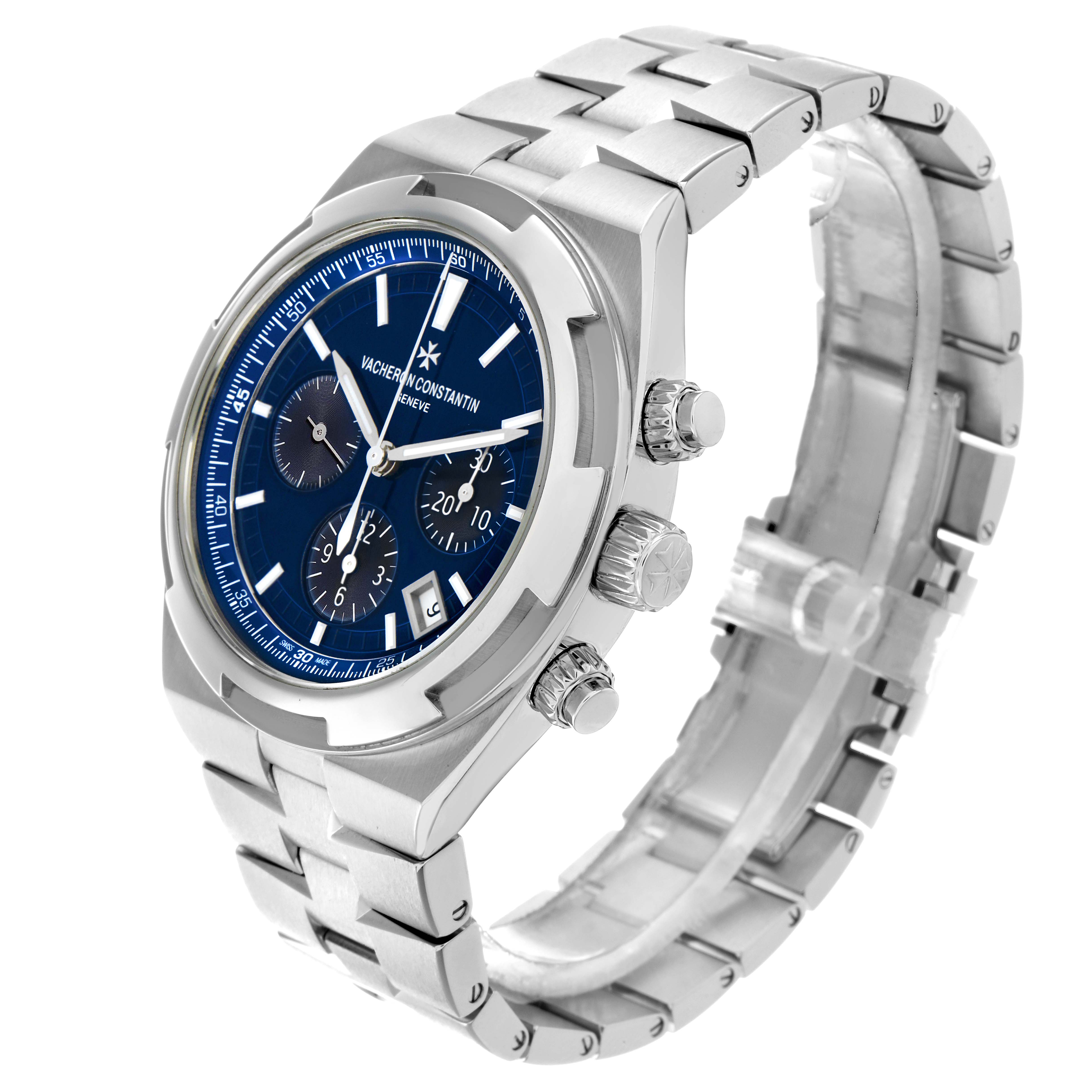 The Vacheron Constantin Overseas 5500V Men
s Stainless Steel Blue Dial watch is shown at a three-quarter angle, highlighting the face, bezel, crown, bracelet, and pushers.