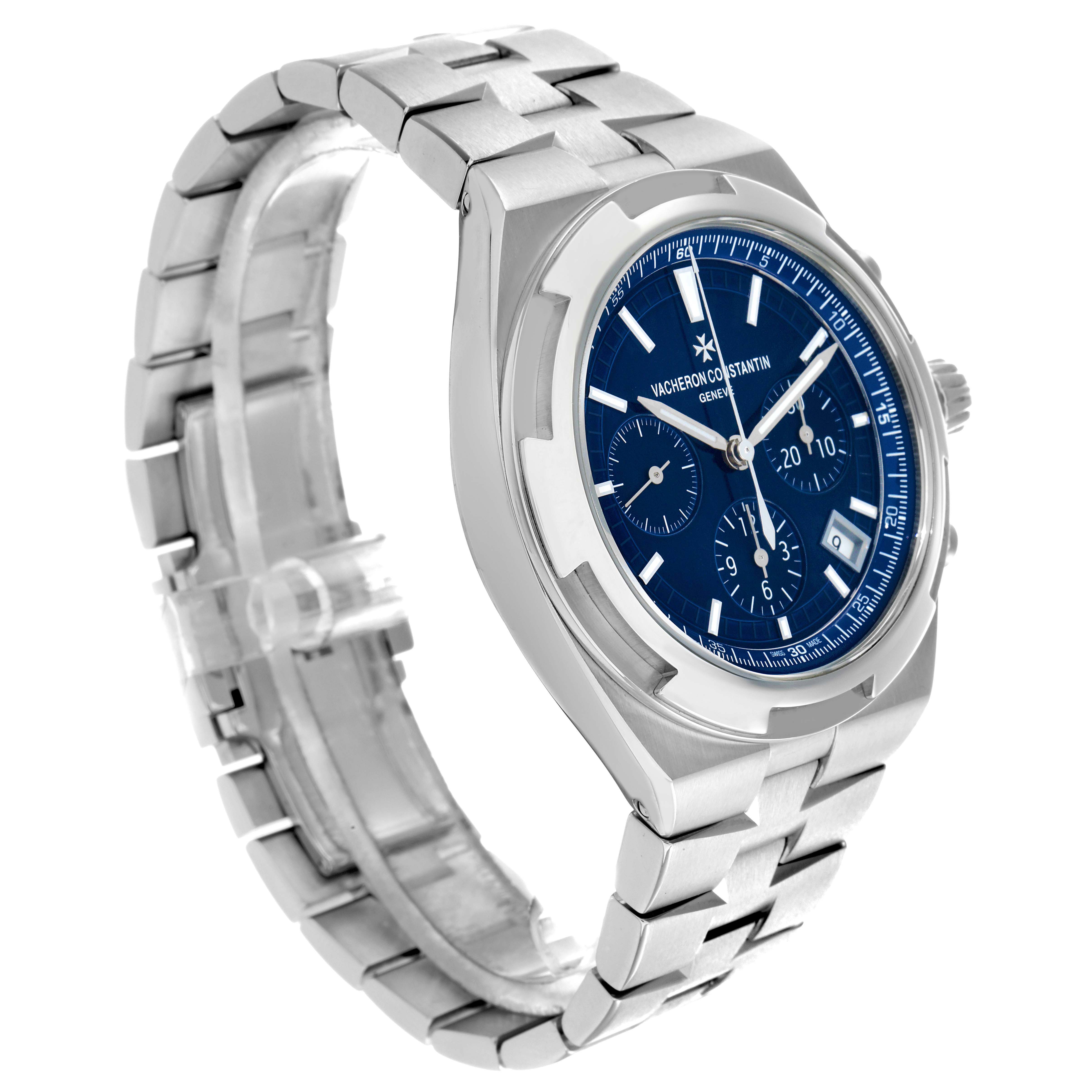 The Vacheron Constantin Overseas 5500V Men
s Stainless Steel Blue Dial watch is shown at a slight angled side view, displaying the bracelet, case, and dial.
