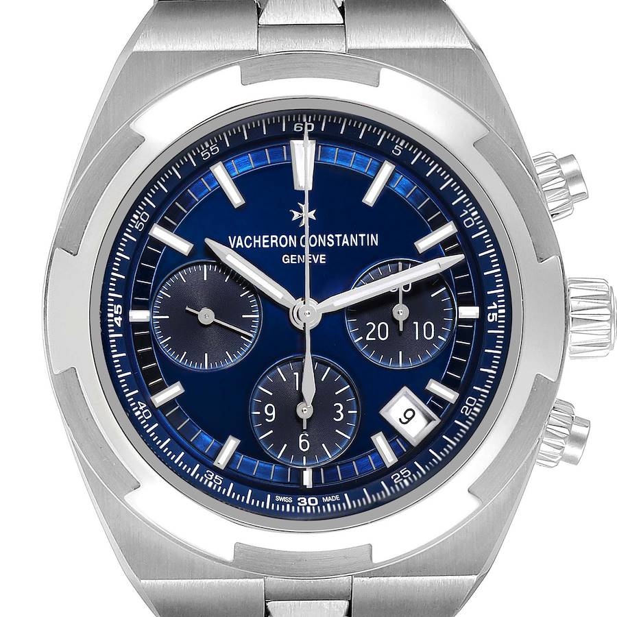 The image shows a frontal view of the Vacheron Constantin Overseas 5500V Men's Stainless Steel Blue Dial watch, highlighting its blue dial, subdials, and crown.
