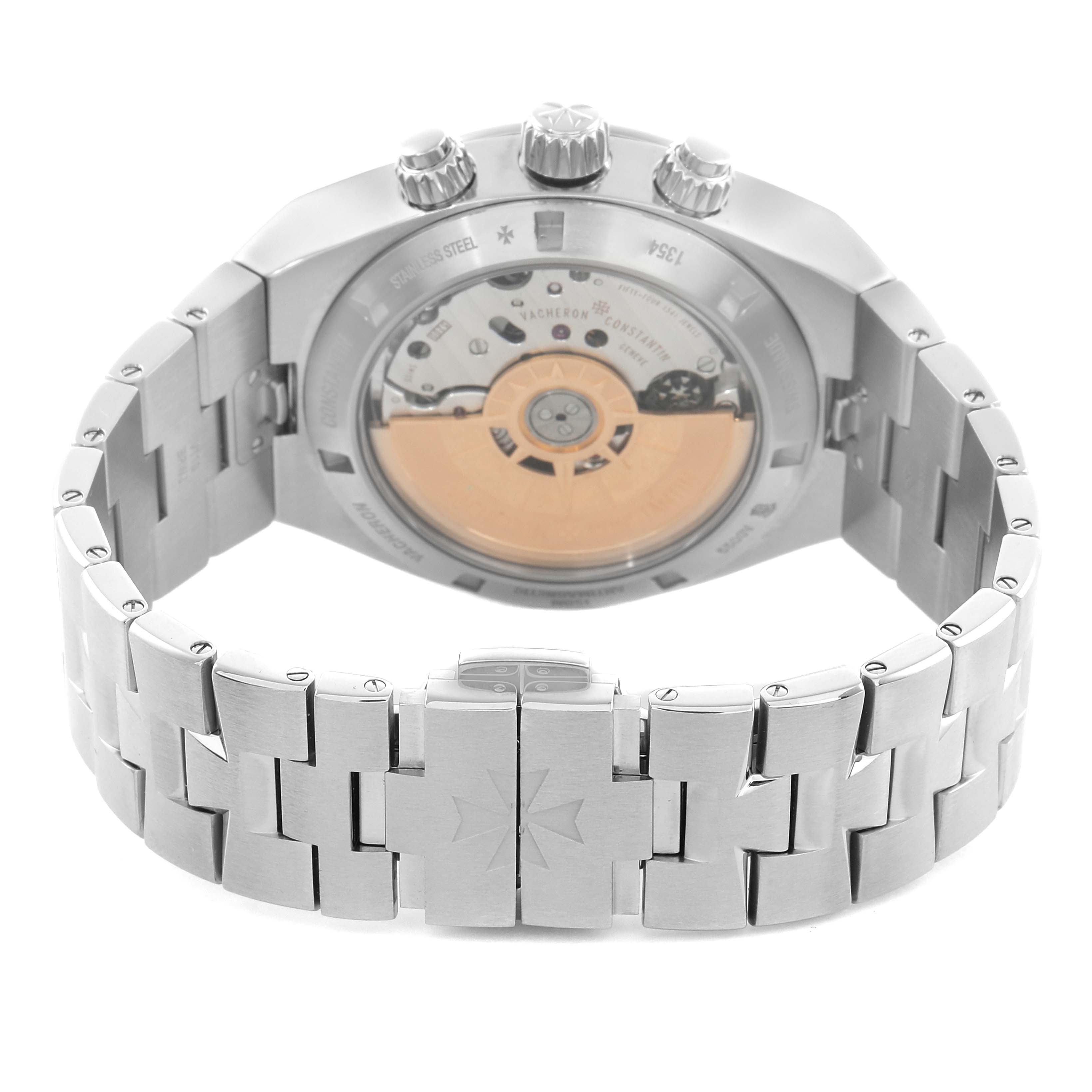 The Vacheron Constantin Overseas 5500V Men
s Stainless Steel Blue Dial watch is shown from the back, highlighting its open case back and metal bracelet.