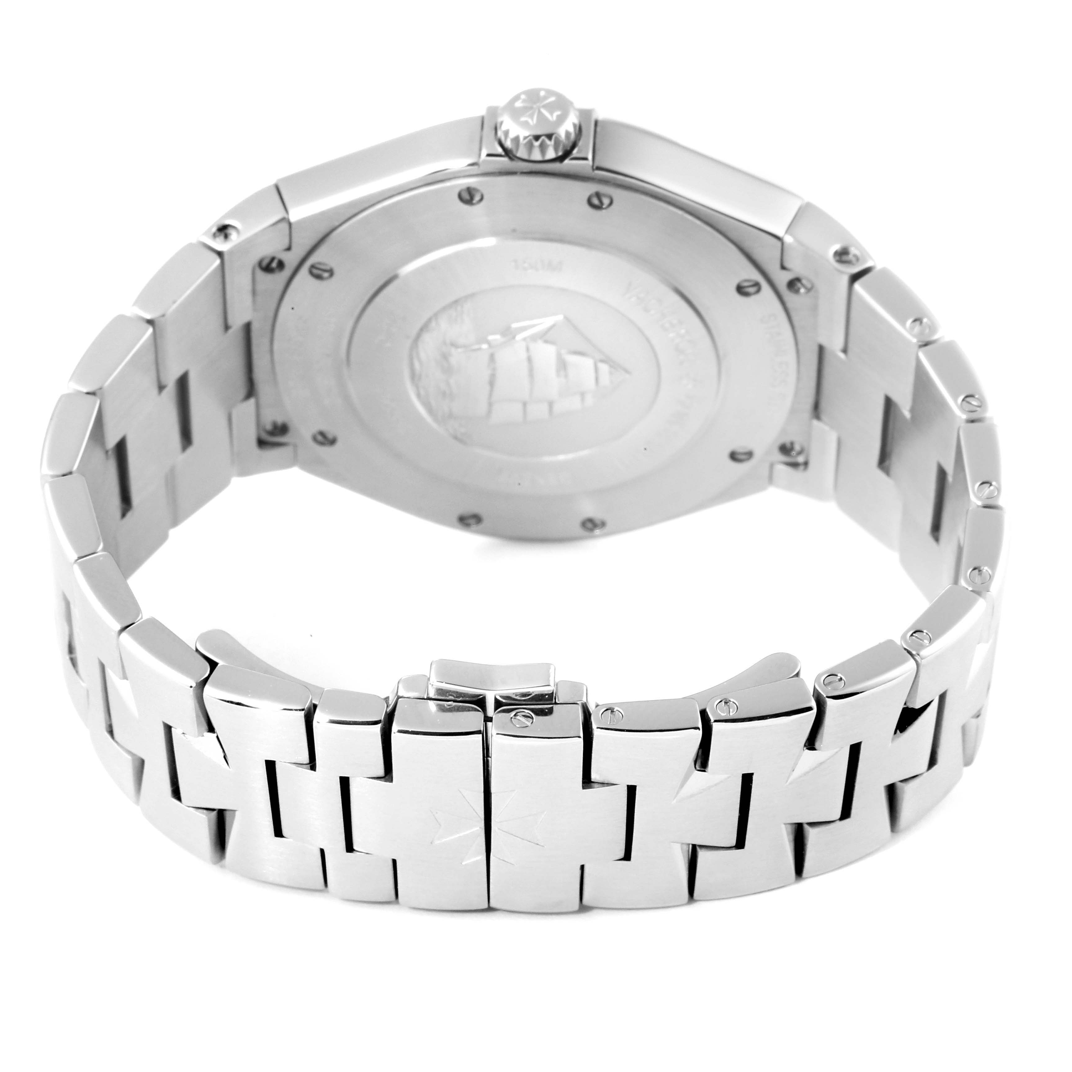 The image shows the back and stainless steel bracelet of a Vacheron Constantin Overseas 47040B01A-9093 Men's Stainless Steel Silver Dial 47040B01A-9093 Men's Stainless Steel Silver Dial model watch.