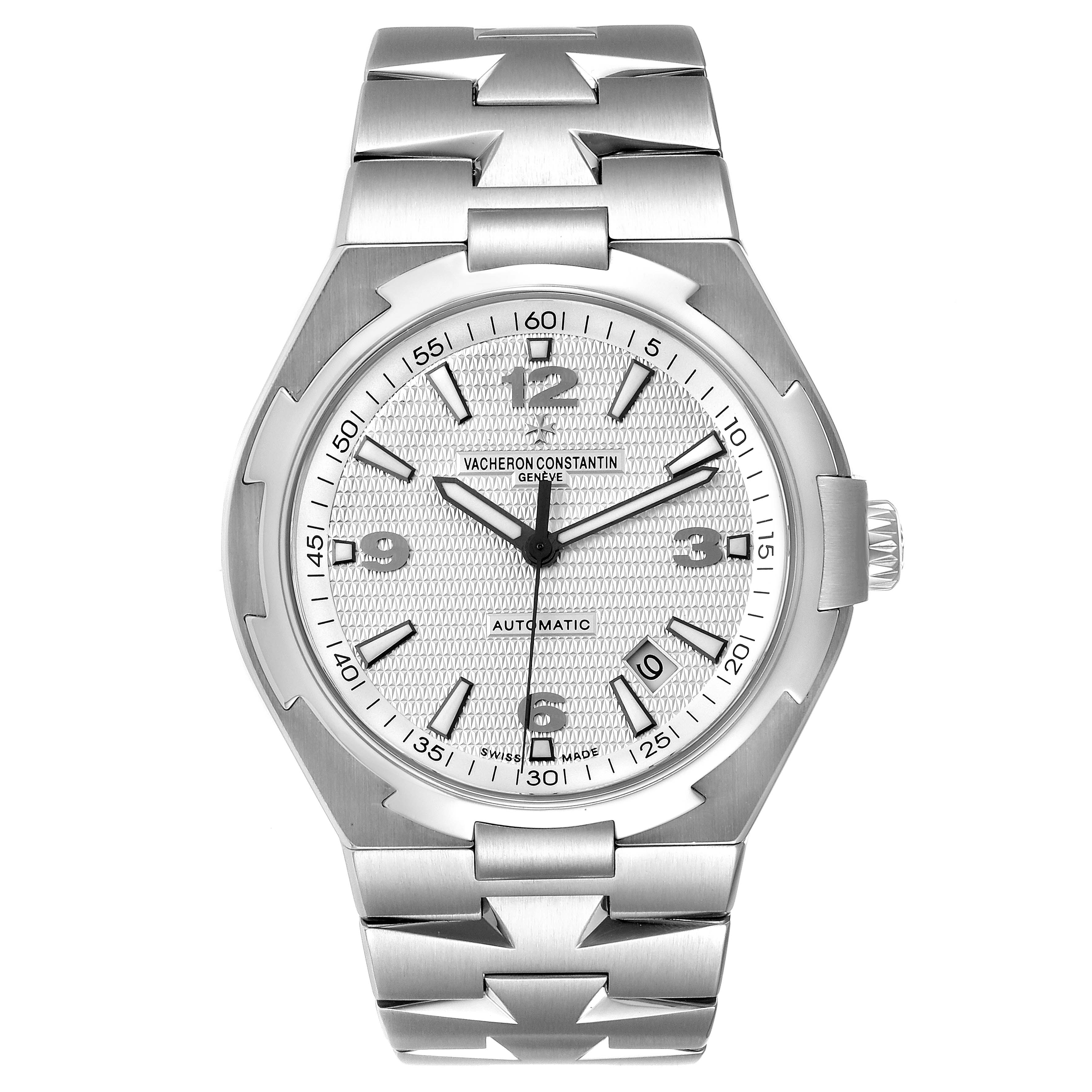 The image shows a Vacheron Constantin Overseas 47040B01A-9093 Men's Stainless Steel Silver Dial 47040B01A-9093 Men's Stainless Steel Silver Dial watch from a front angle, displaying the dial, bezel, crown, and bracelet.