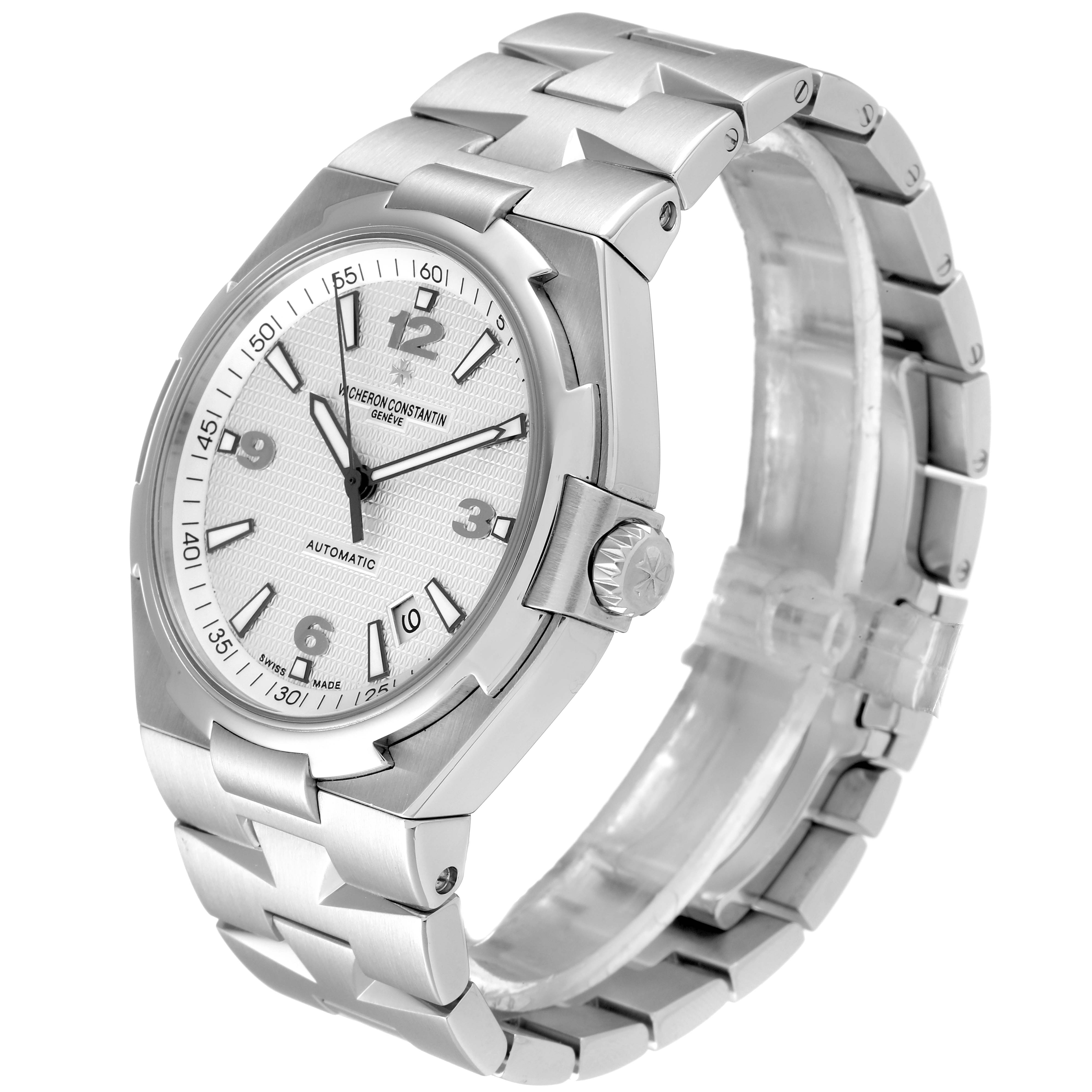 The image shows a Vacheron Constantin Overseas 47040B01A-9093 Men's Stainless Steel Silver Dial 47040B01A-9093 Men's Stainless Steel Silver Dial model watch from a front-right angle, highlighting the face, crown, and bracelet.