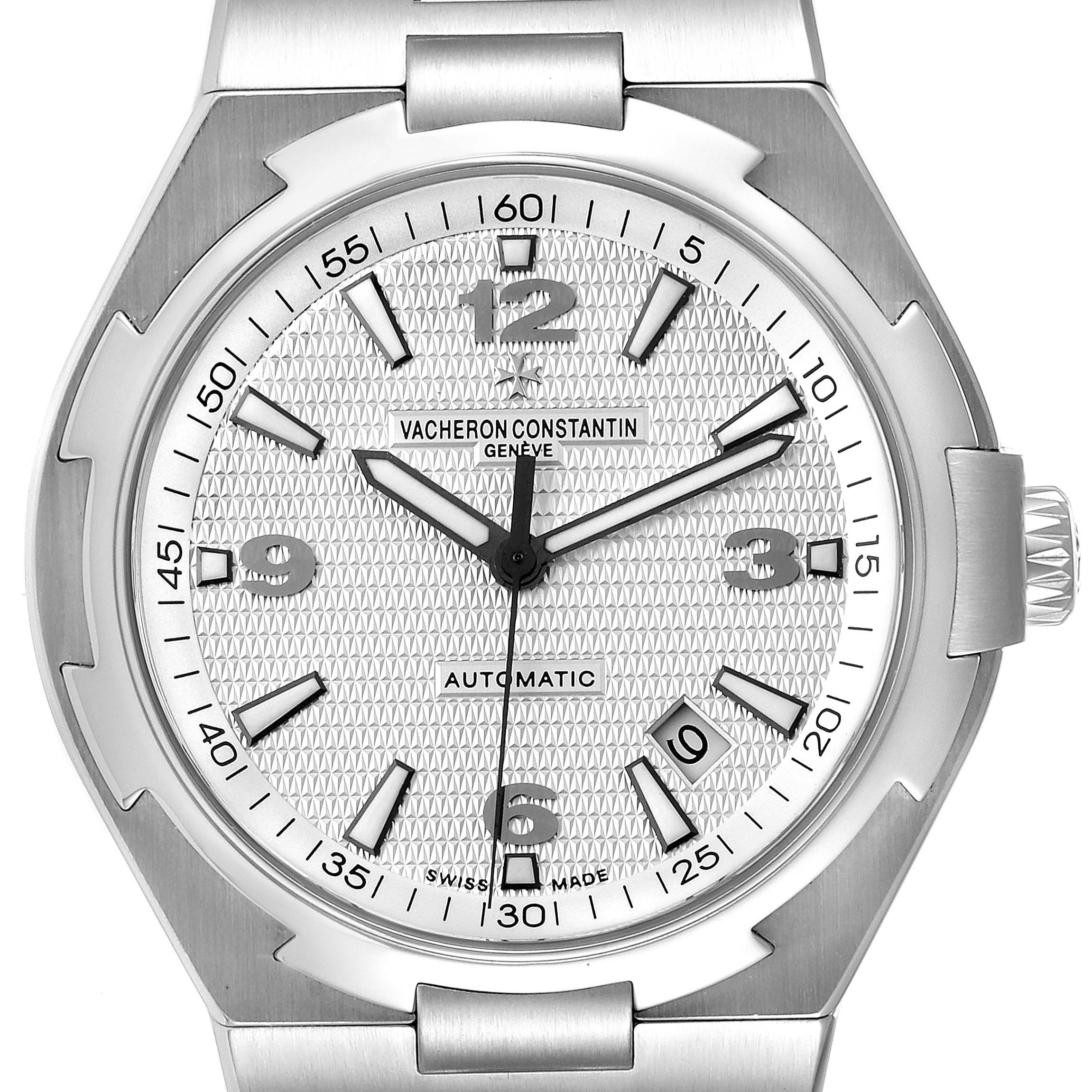 The image shows a front view of the Vacheron Constantin Overseas 47040B01A-9093 Men's Stainless Steel Silver Dial 47040B01A-9093 Men's Stainless Steel Silver Dial watch, displaying its dial, hands, and bezel.