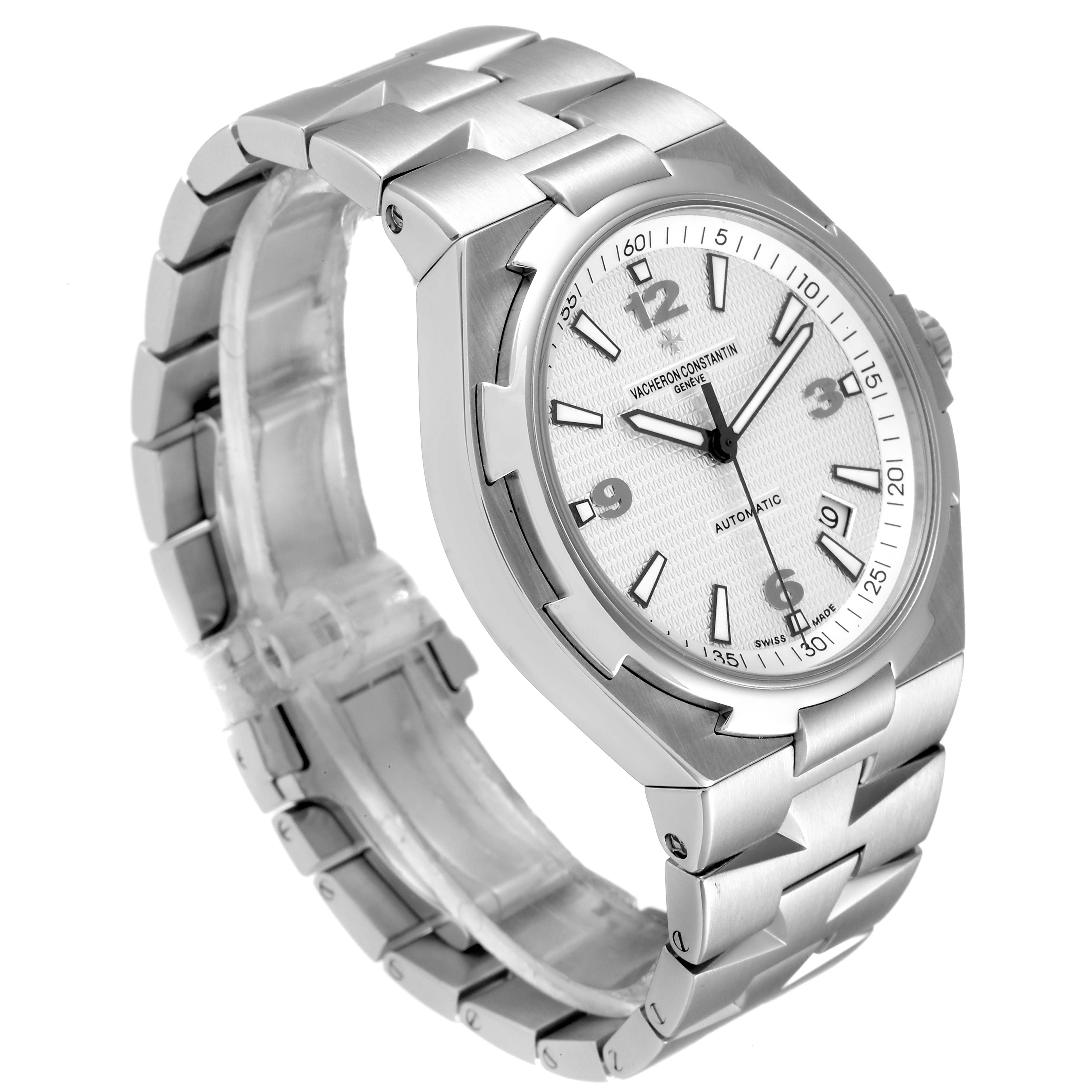 This image shows a Vacheron Constantin Overseas 47040B01A-9093 Men's Stainless Steel Silver Dial 47040B01A-9093 Men's Stainless Steel Silver Dial watch at a slight angle, displaying its face, bezel, and bracelet.