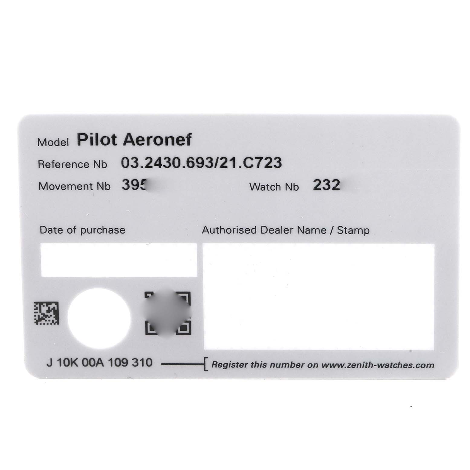 The image shows a warranty card for the Zenith Pilot 03.2430.693 Men
s Stainless Steel Black Dial Aeronef watch, displaying model details and reference numbers.