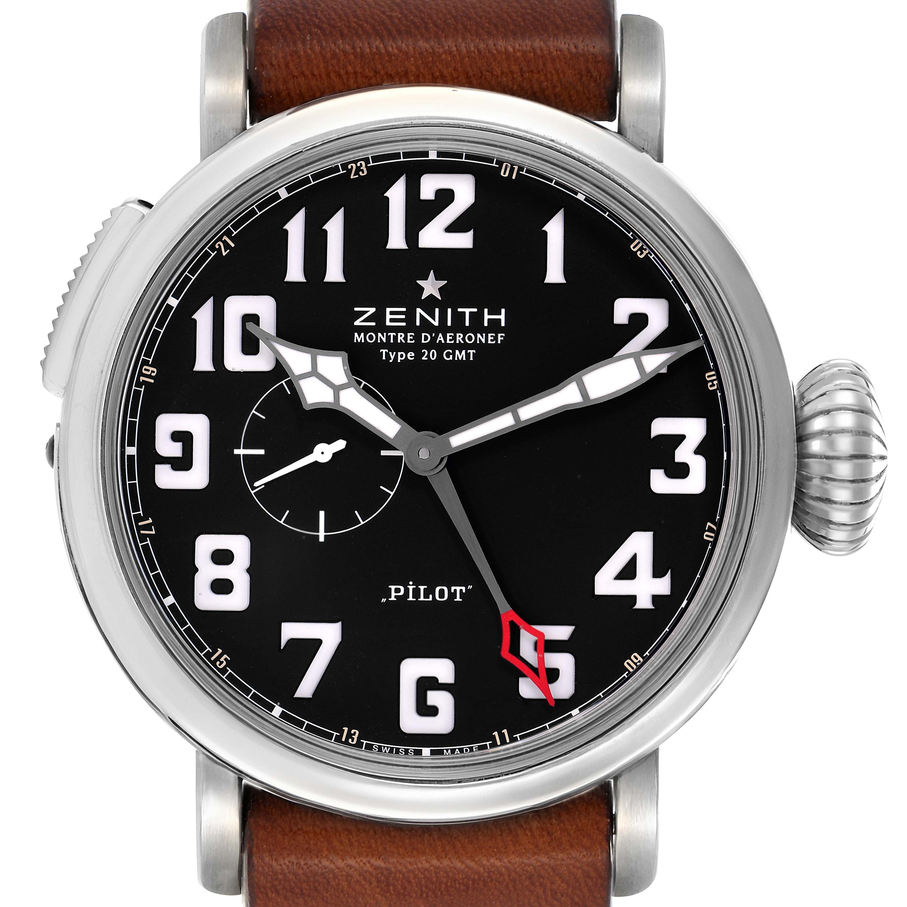 The Zenith Pilot 03.2430.693 Men
s Stainless Steel Black Dial watch is shown from the front, displaying the dial, numerals, hands, and crown.