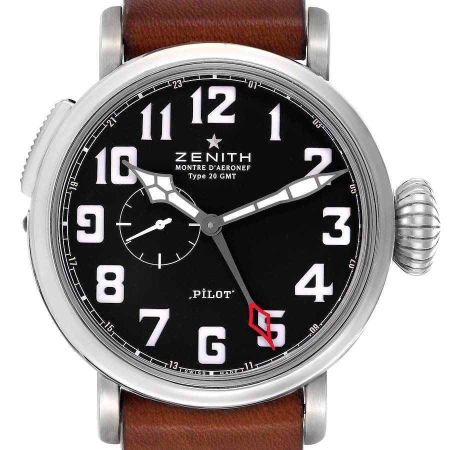 The Zenith Pilot 03.2430.693 Men's Stainless Steel Black Dial watch is shown from the front, displaying the dial, numerals, hands, and crown.