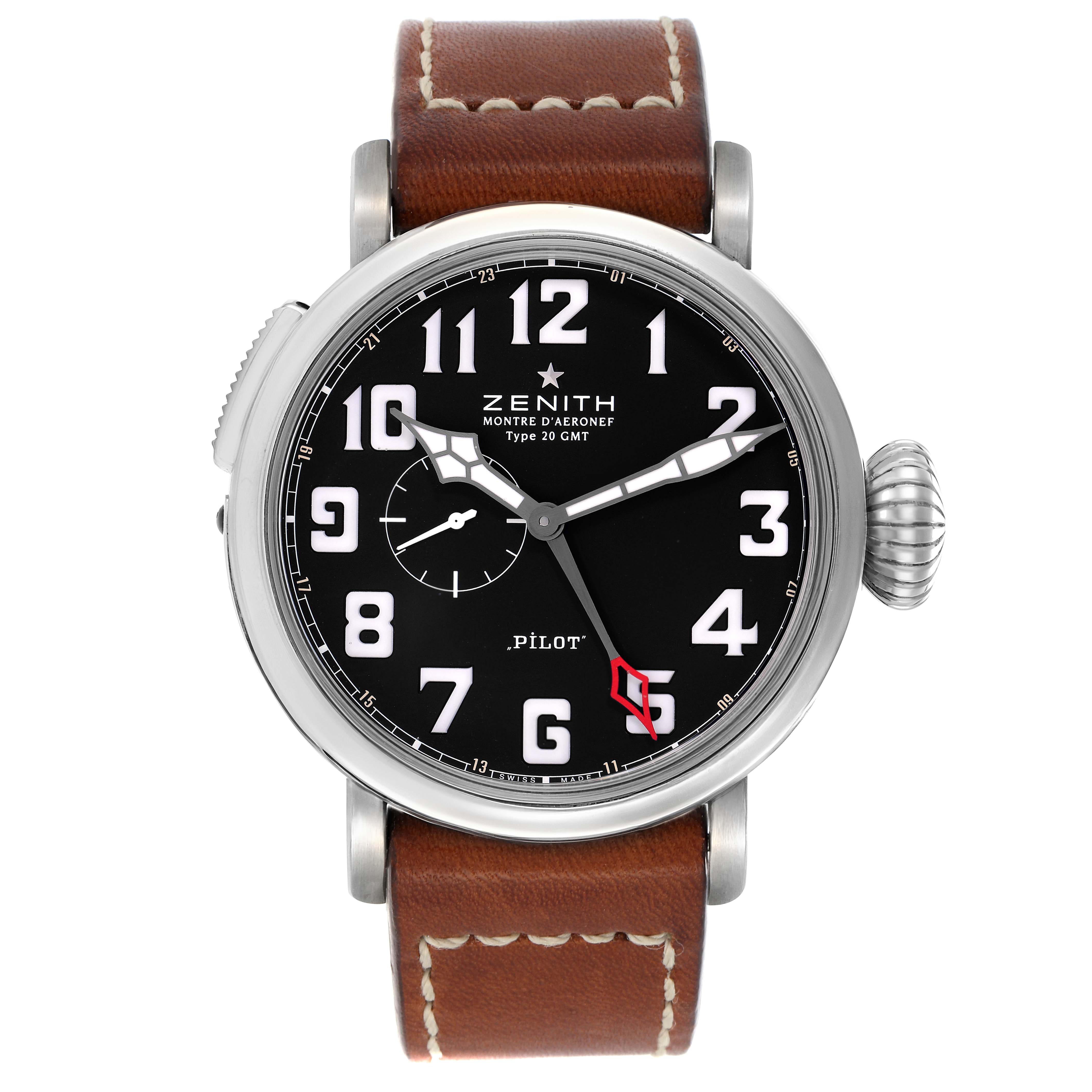 The Zenith Pilot 03.2430.693 Men
s Stainless Steel Black Dial watch is shown from the front, displaying its dial, case, crown, and leather strap.
