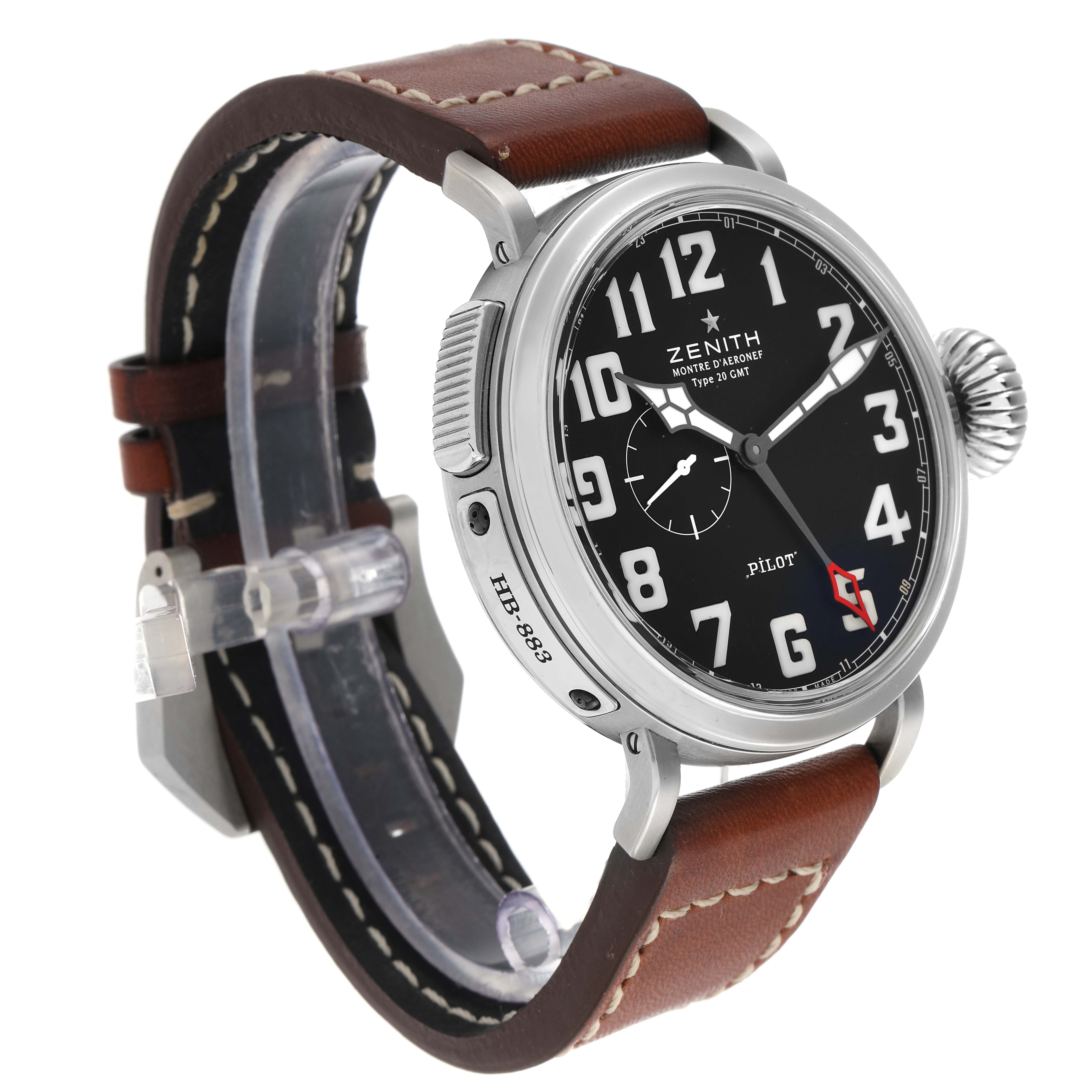 The Zenith Pilot 03.2430.693 Men
s Stainless Steel Black Dial watch is shown from a front-side angle, displaying the face, case, crown, and leather strap.