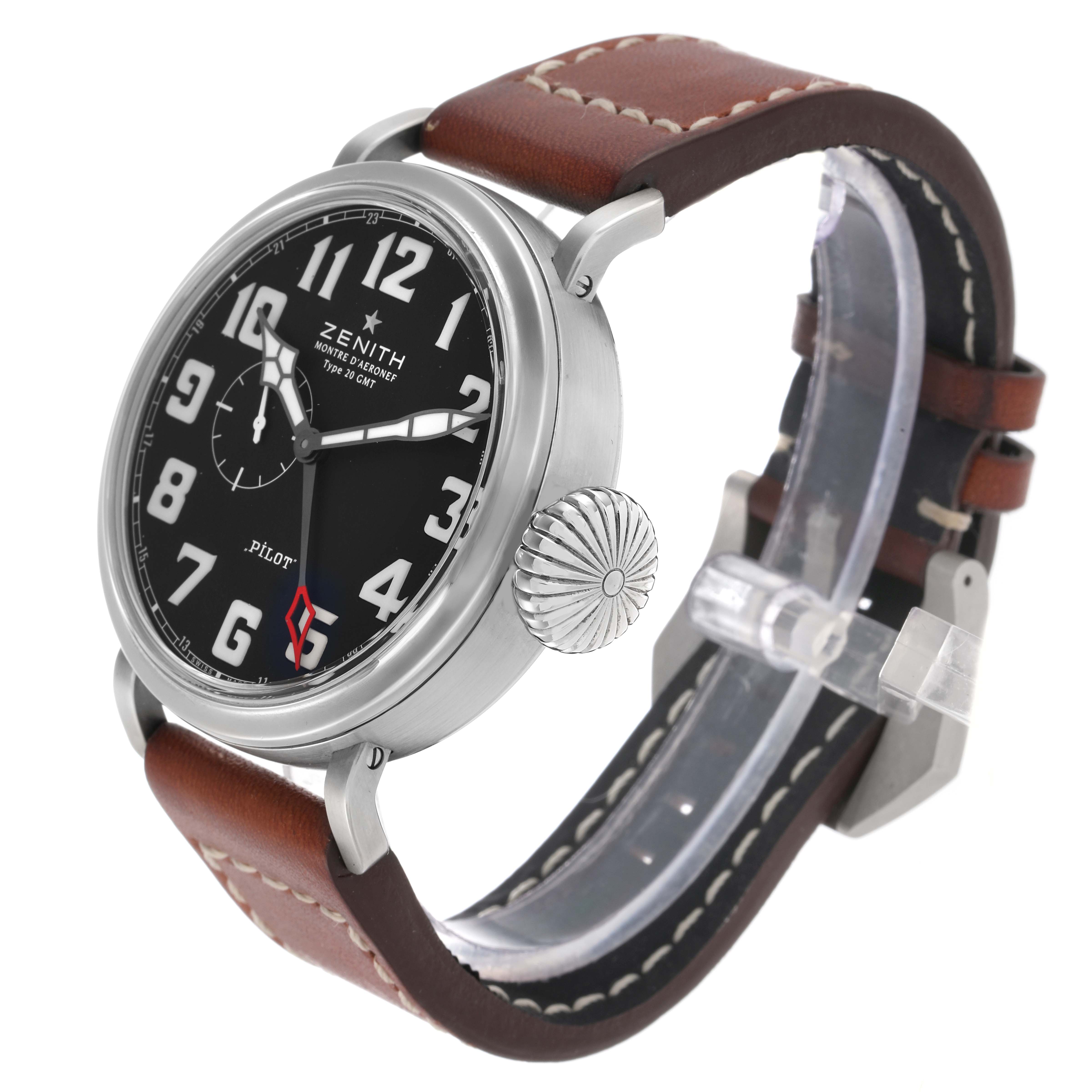 The Zenith Pilot 03.2430.693 Men
s Stainless Steel Black Dial watch is shown at a three-quarter angle, highlighting the face, crown, and leather strap with stitching.