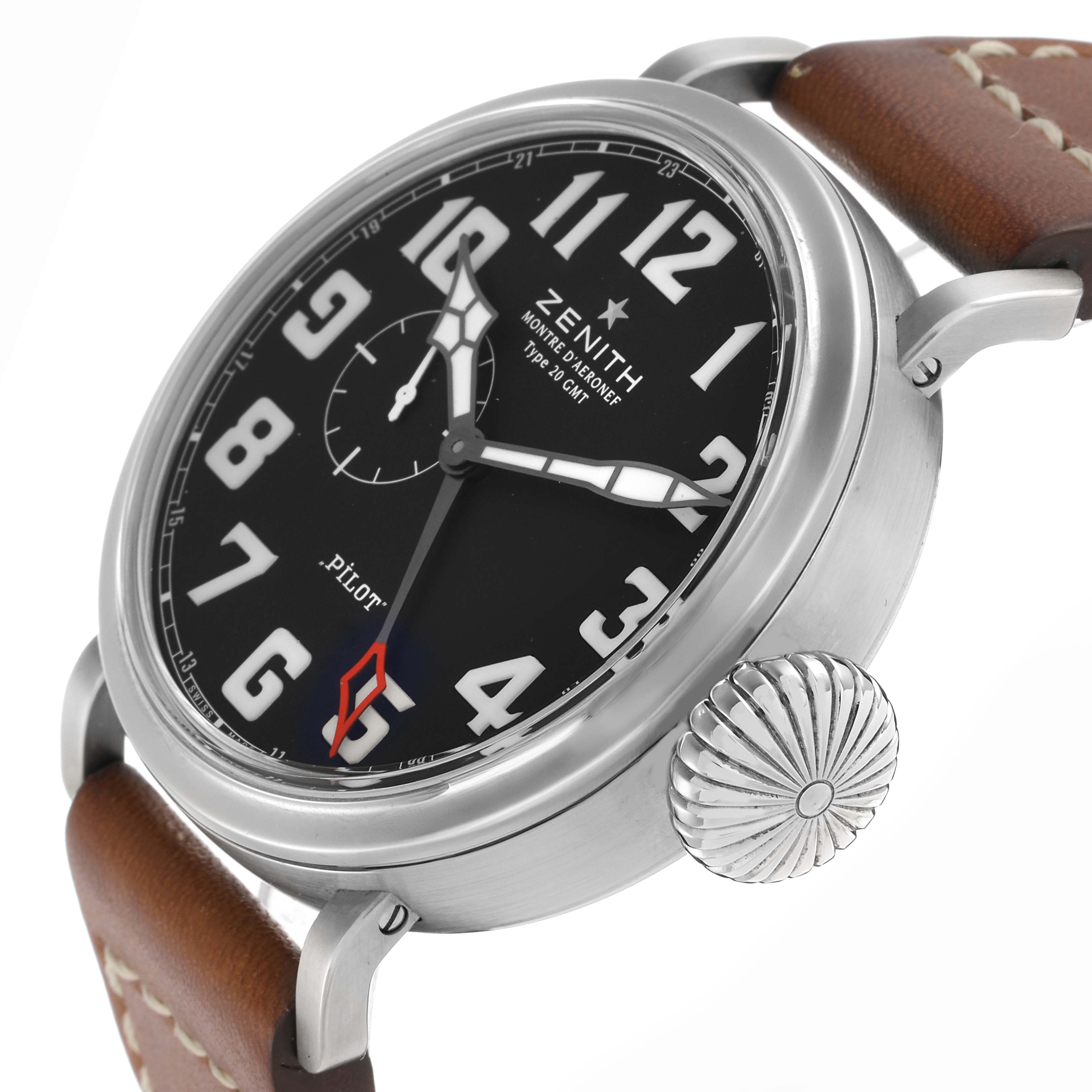 The Zenith Pilot 03.2430.693 Men
s Stainless Steel Black Dial watch is shown at a slight angled view, highlighting the crown, dial, and leather strap.