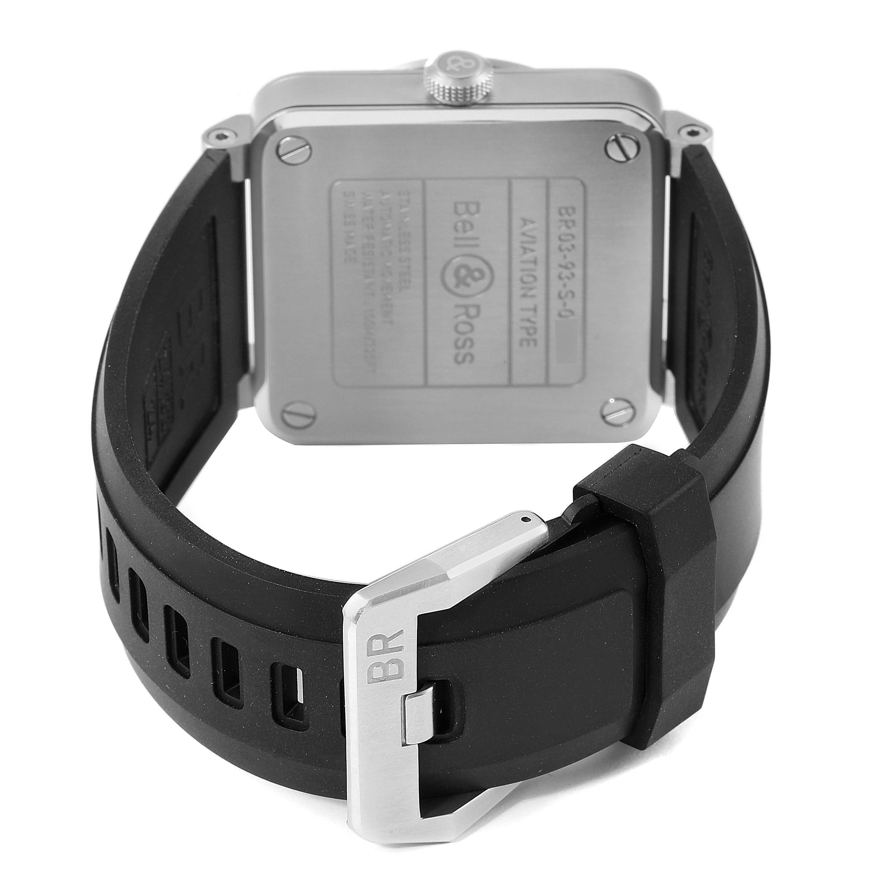 This image shows the back view of the Bell & Ross Aviation GMT Black Dial Steel Mens Watch BR0393, focusing on the case back and rubber strap with a buckle.