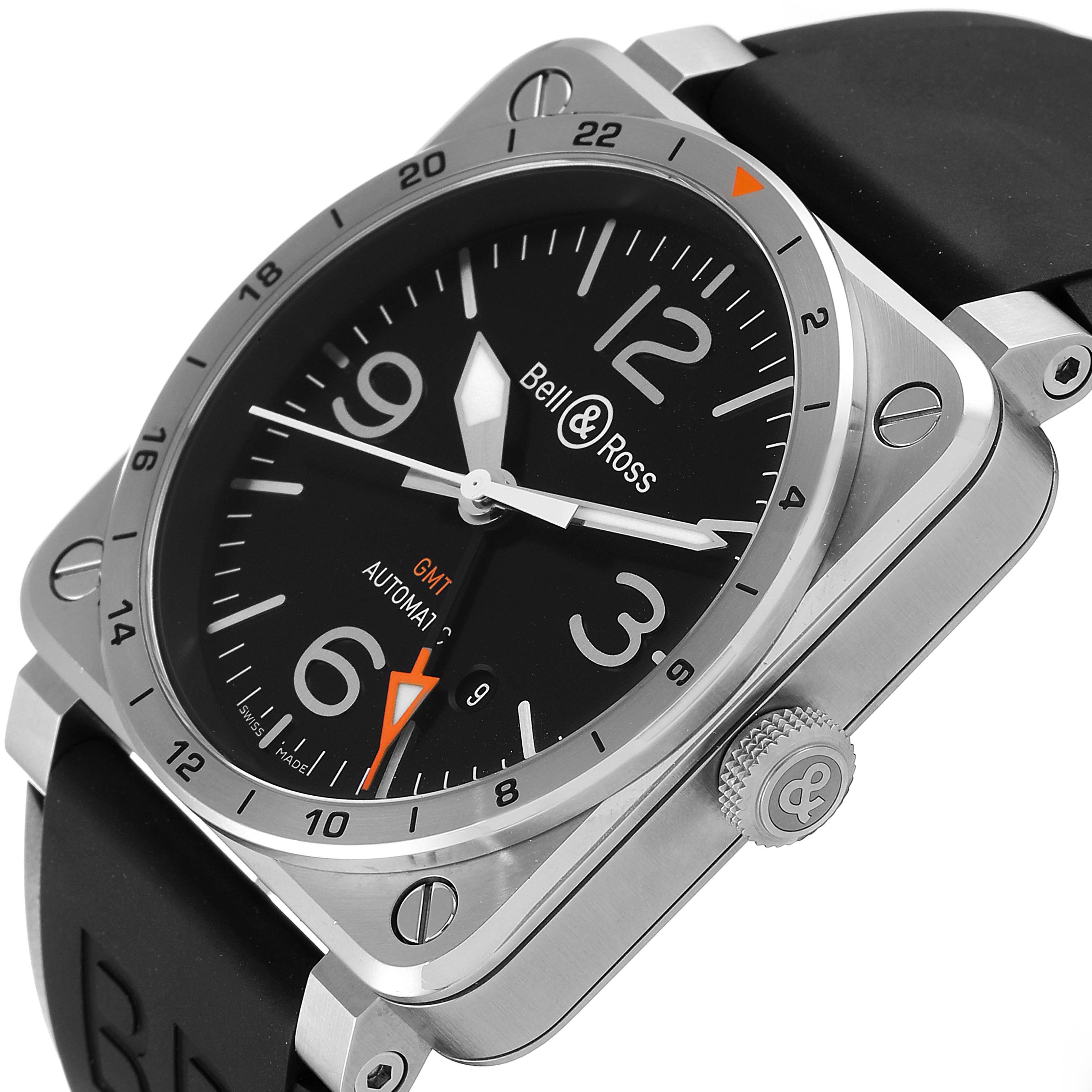 The image shows a Bell & Ross Aviation GMT BR0393 with a black dial, steel case, and side view angle highlighting the crown and bezel.