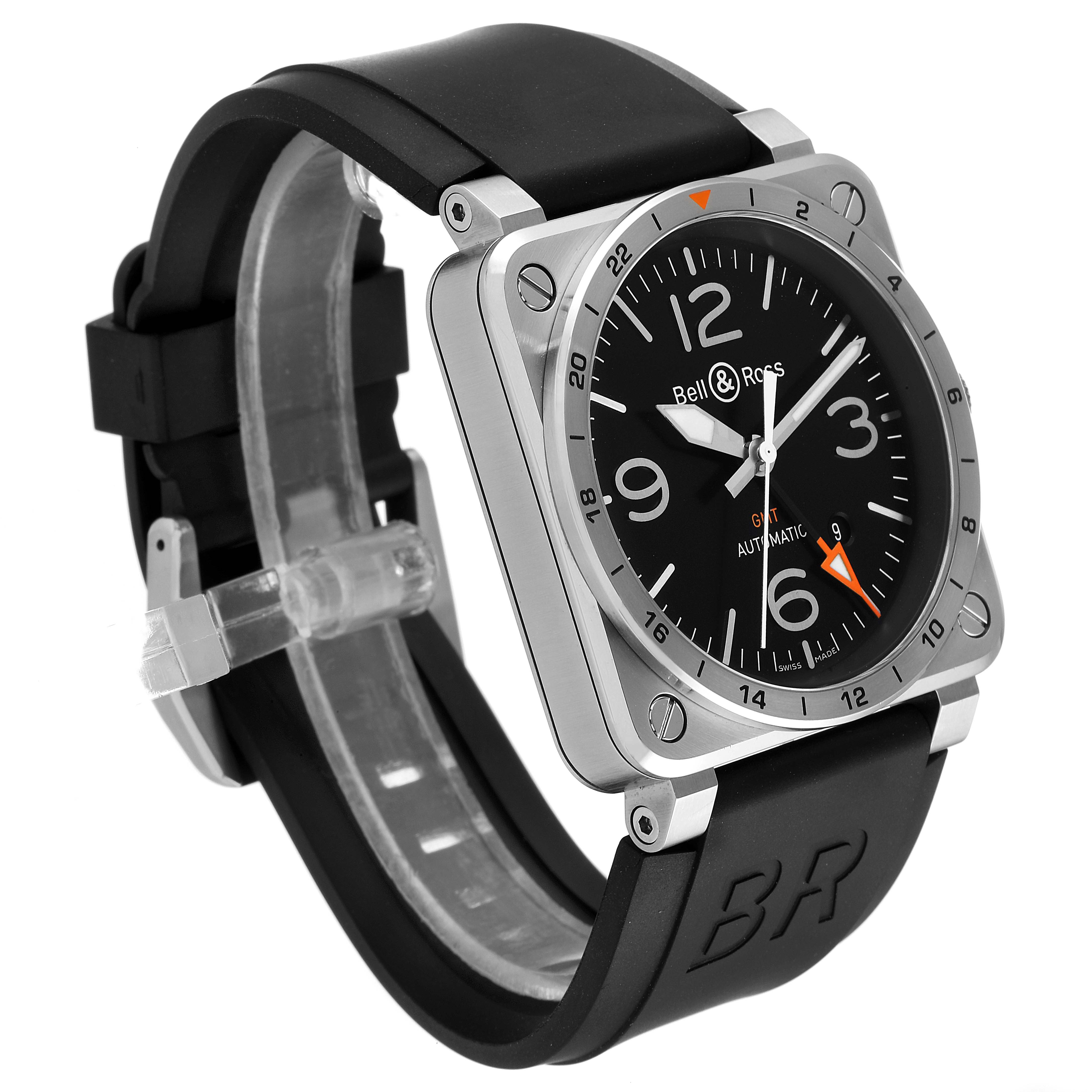 The Bell & Ross Aviation GMT BR0393 watch is shown at an angled view, displaying the black dial, rubber strap, and steel case.