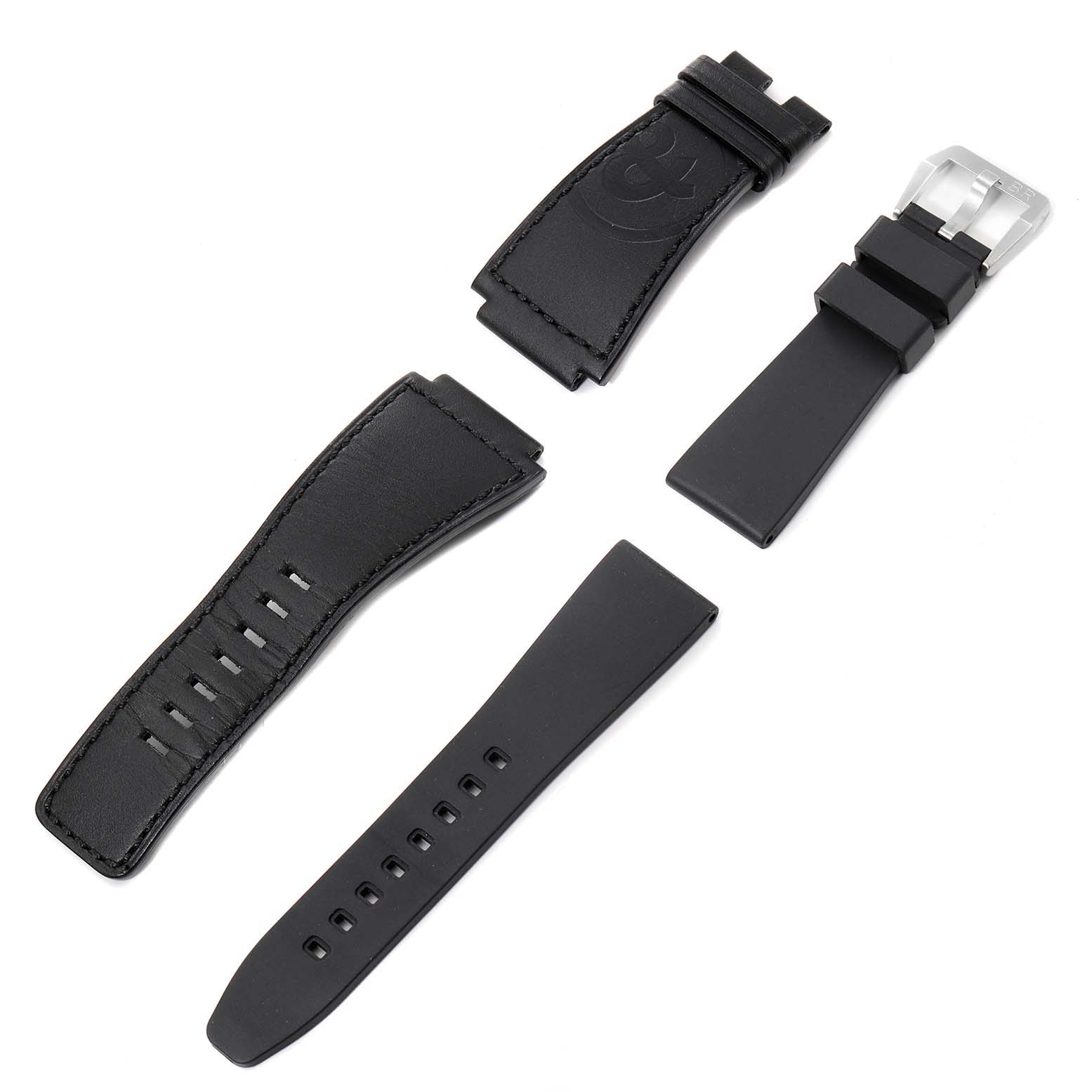 The image shows the interchangeable leather and rubber straps for the Bell & Ross Aviation GMT Black Dial Steel Mens Watch BR0393.