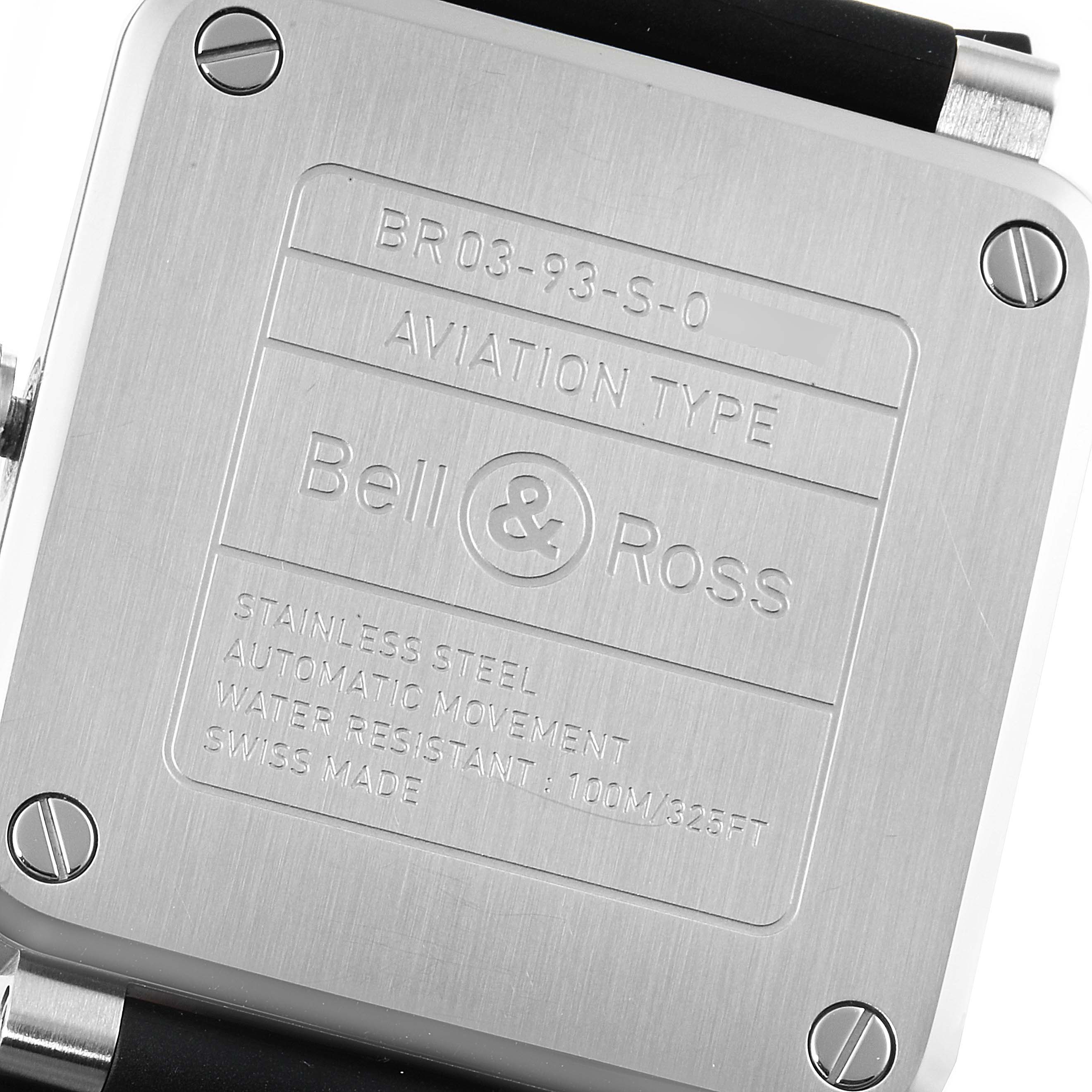 This image shows the back of the Bell & Ross Aviation GMT Black Dial Steel Men's Watch BR0393, highlighting its specifications.