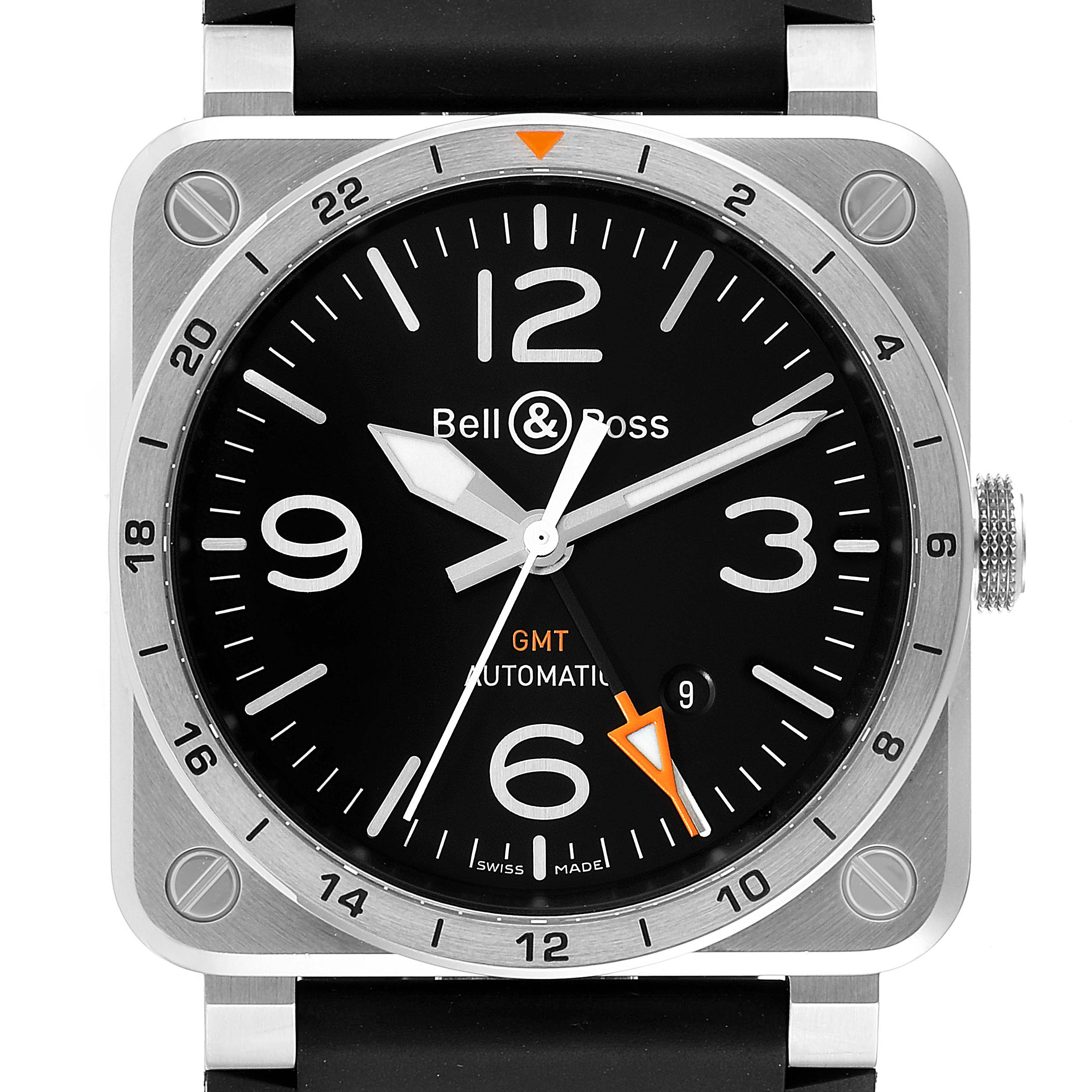 This image shows a close-up front view of the Bell & Ross Instruments BR03-93-GMT Men's Stainless Steel Black Dial BR03-93-GMT Men's Stainless Steel Black Dial model watch, highlighting the dial, hands, and bezel.