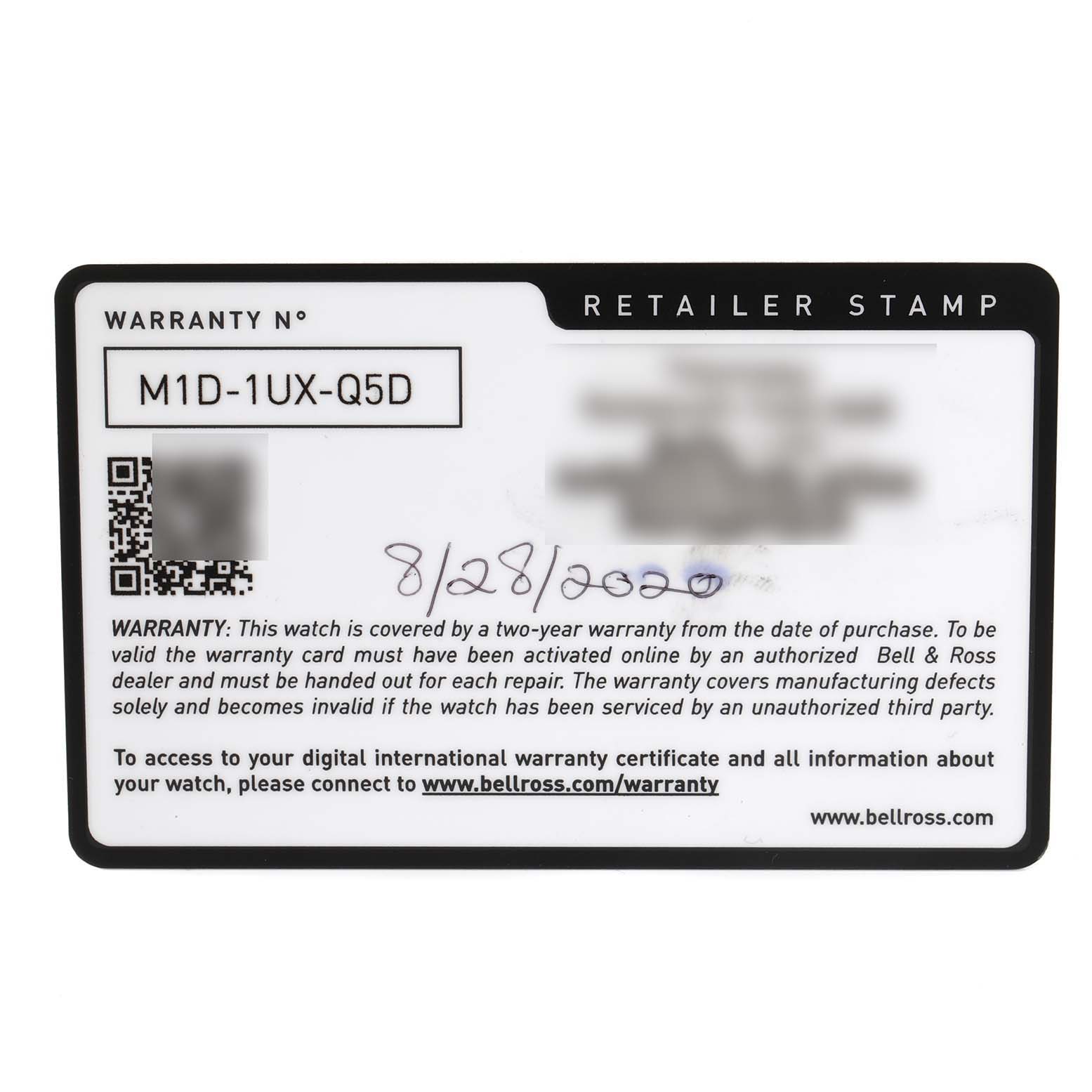 The image shows the warranty card for the Bell & Ross Aviation GMT Black Dial Steel Mens Watch BR0393.