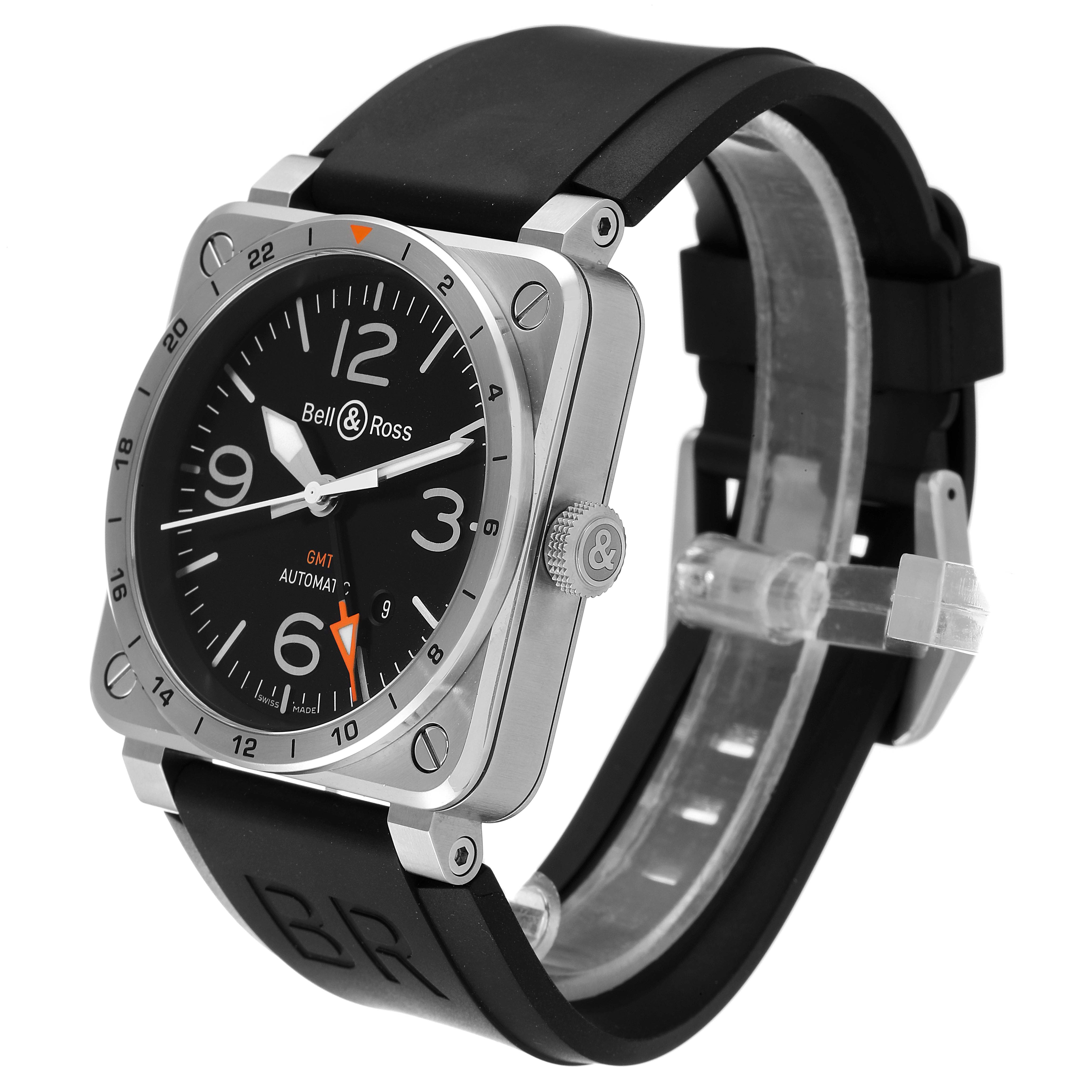 This image shows a side view of the Bell & Ross Aviation GMT Black Dial Steel Men's Watch BR0393, highlighting its face, case, crown, and strap.