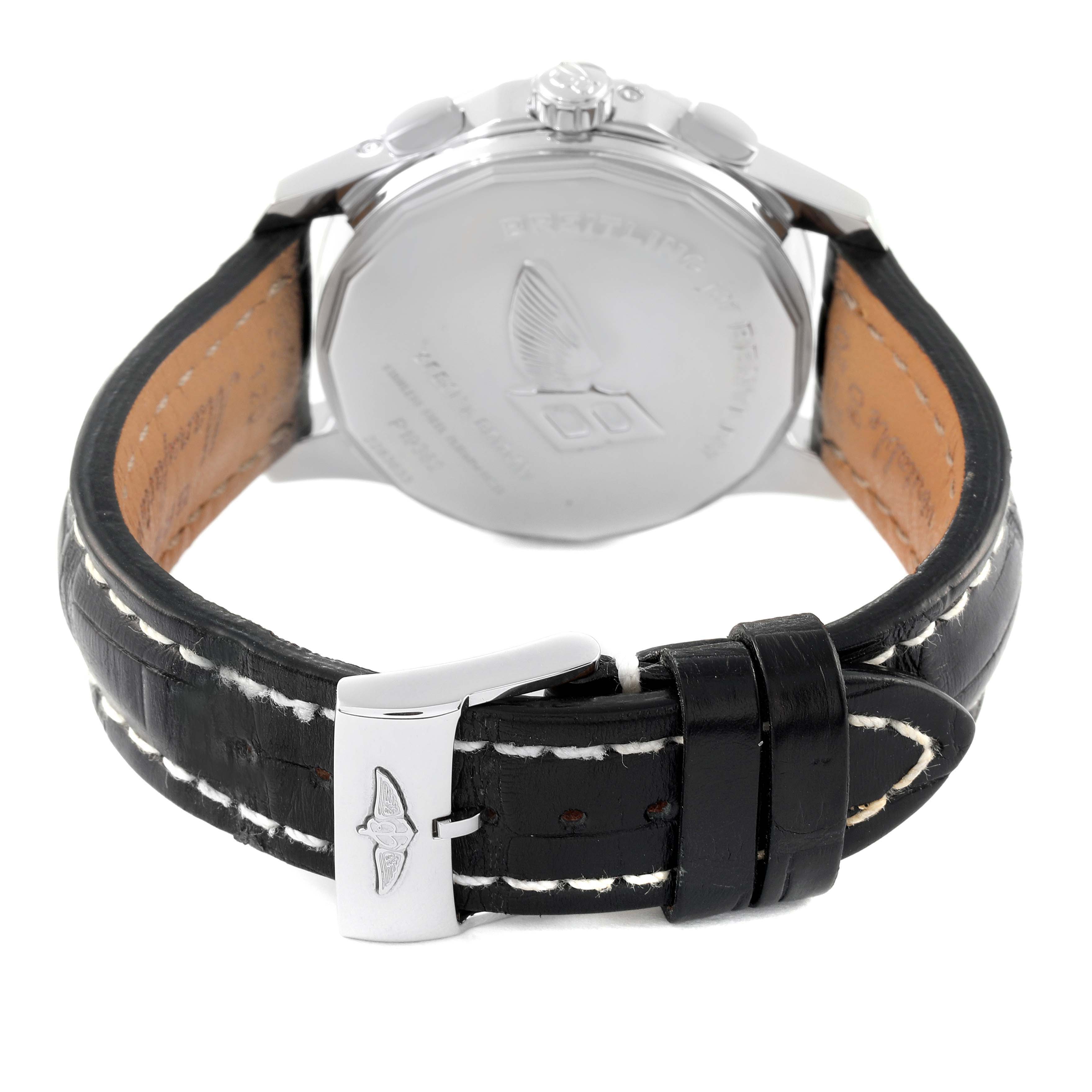 The image shows the back of the Bentley model watch by Breitling, including the case back and black leather strap with a buckle.