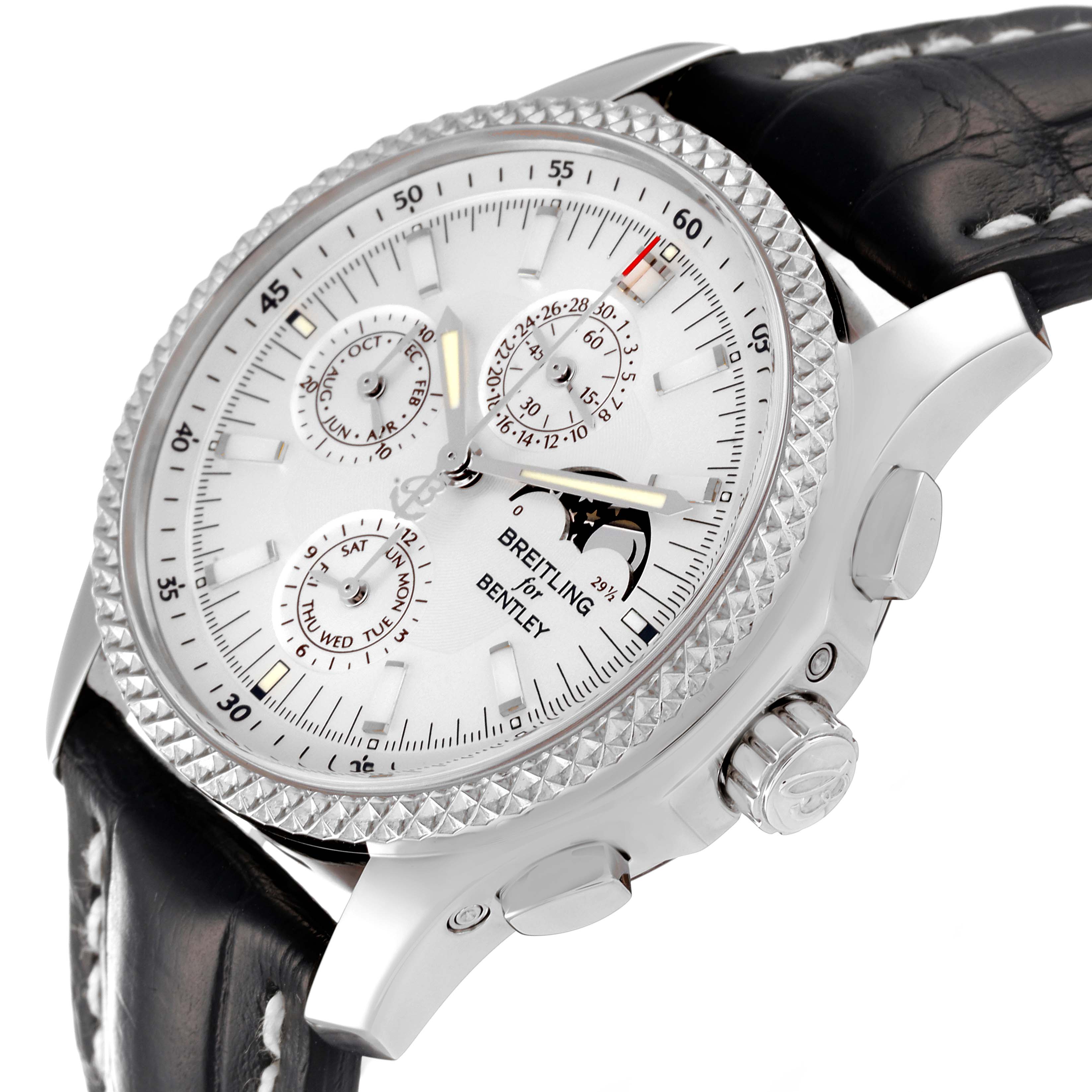 The Breitling Bentley P19362 Men's Stainless Steel Mother of Pearl Dial P19362 Men's Stainless Steel Mother of Pearl Dial watch is shown from an angled close-up, highlighting the face, bezel, and part of the leather strap.