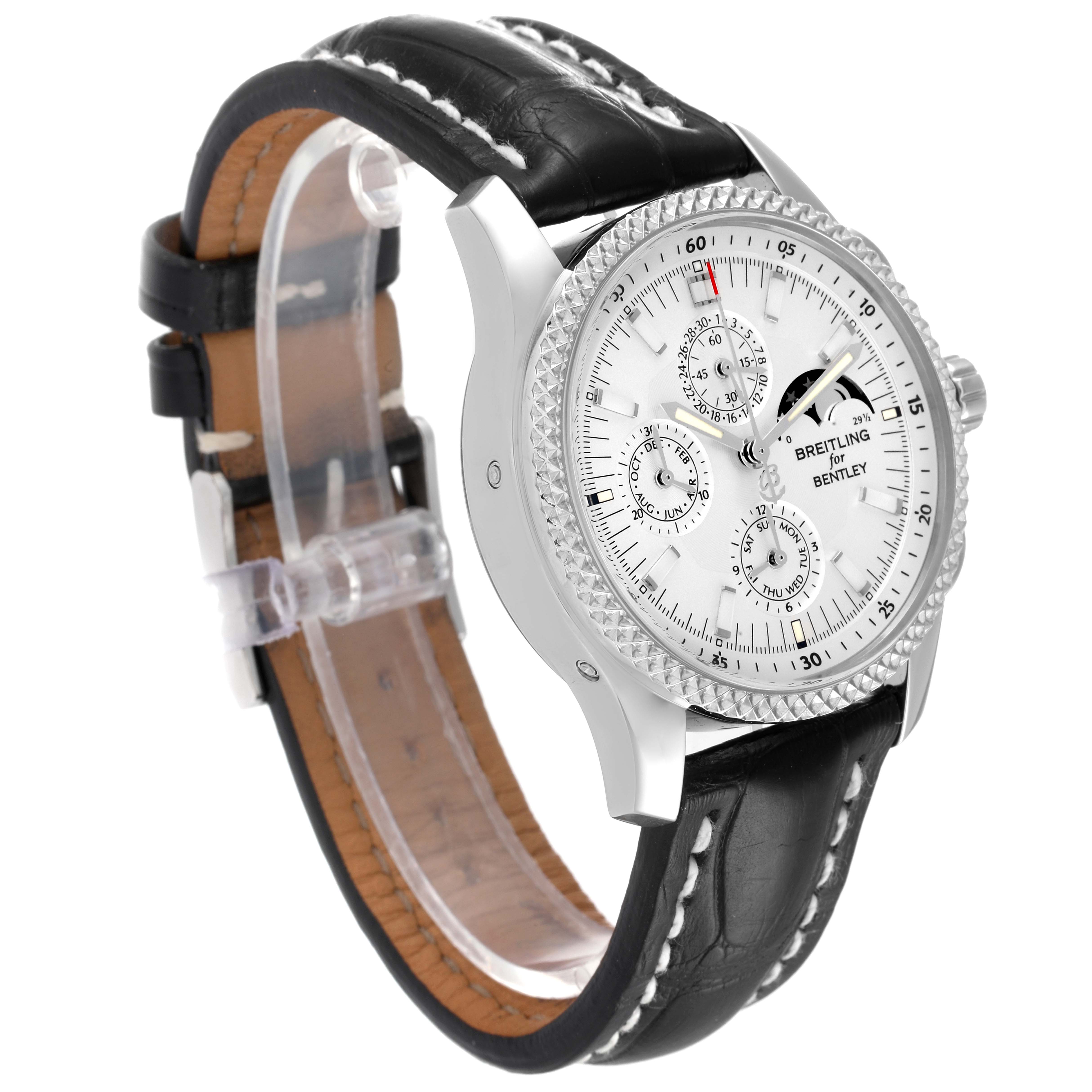 The image shows a Breitling Bentley P19362 Men's Stainless Steel Mother of Pearl Dial P19362 Men's Stainless Steel Mother of Pearl Dial watch at a three-quarter angle, displaying its white dial, subdials, and black leather strap. 